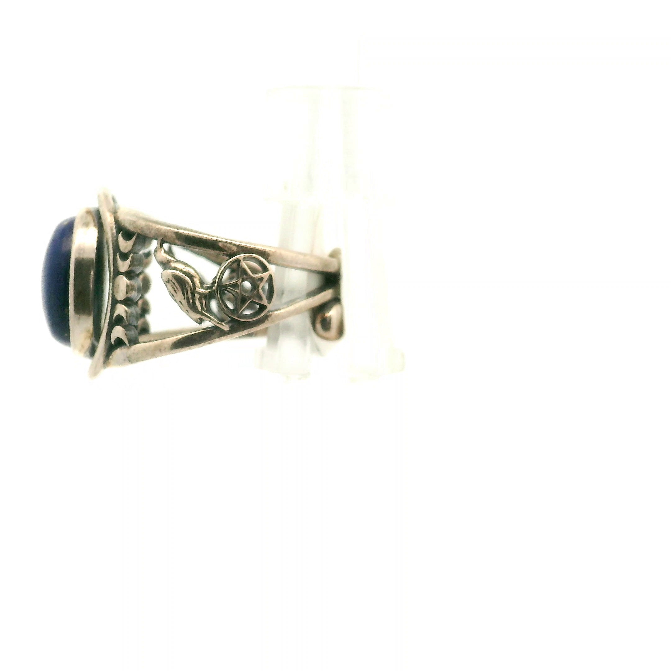 Lapis Lazuli Raven + Moonphase Cuff Ring .925 Silver for Power & Confidence