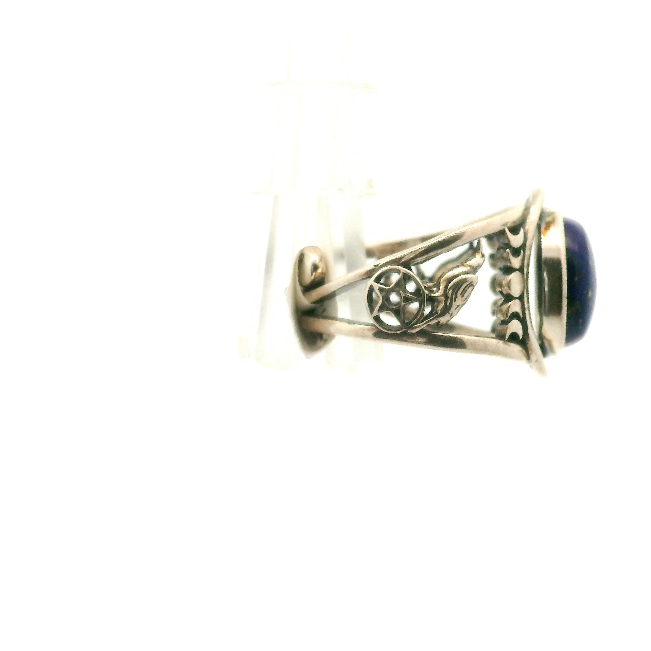 Lapis Lazuli Raven + Moonphase Cuff Ring .925 Silver for Power & Confidence