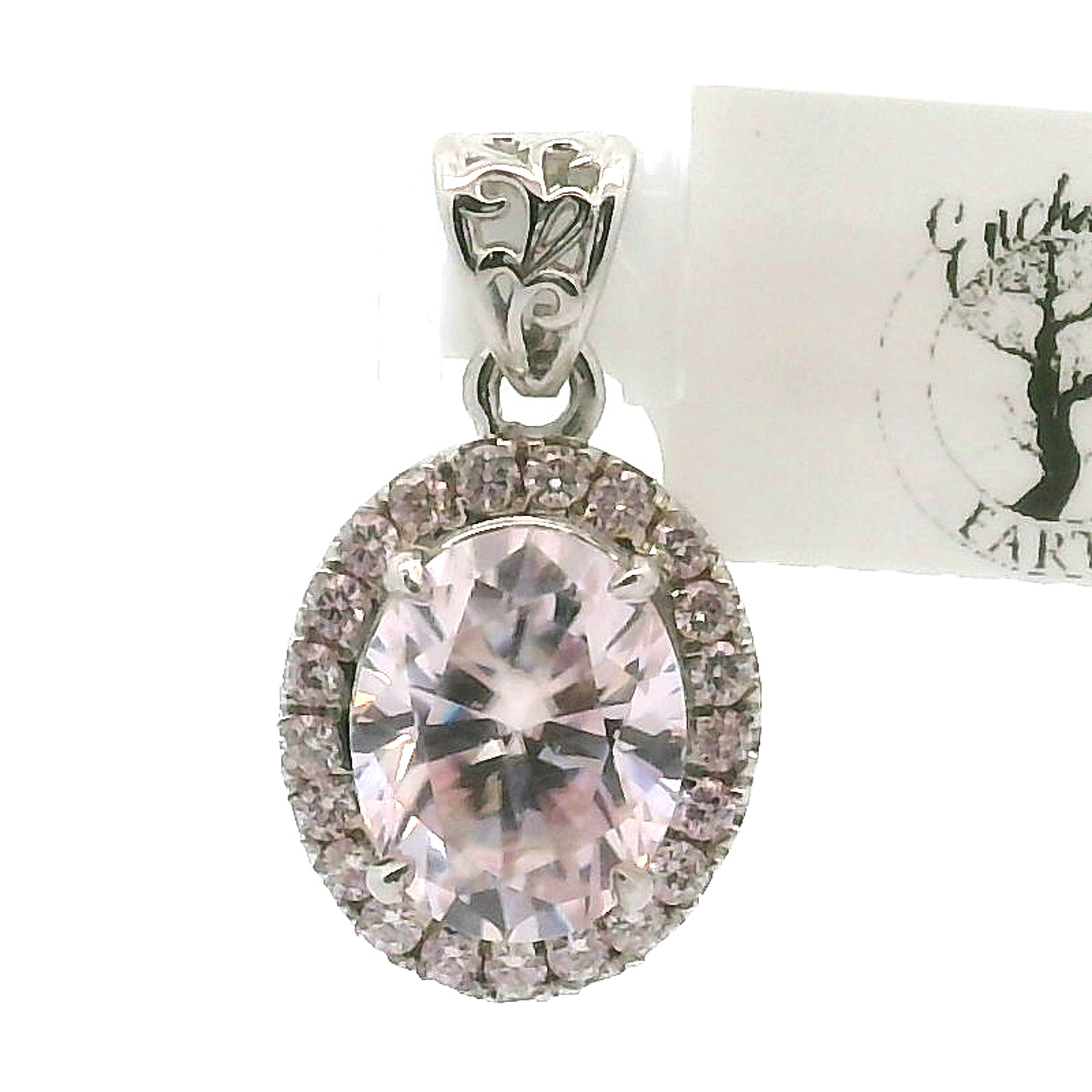 Pink Moissanite Pave Covering Oval Pendant, Adjustable Ring .925 Silver for Enlightenment, Inner Peace & Spiritual Transformation