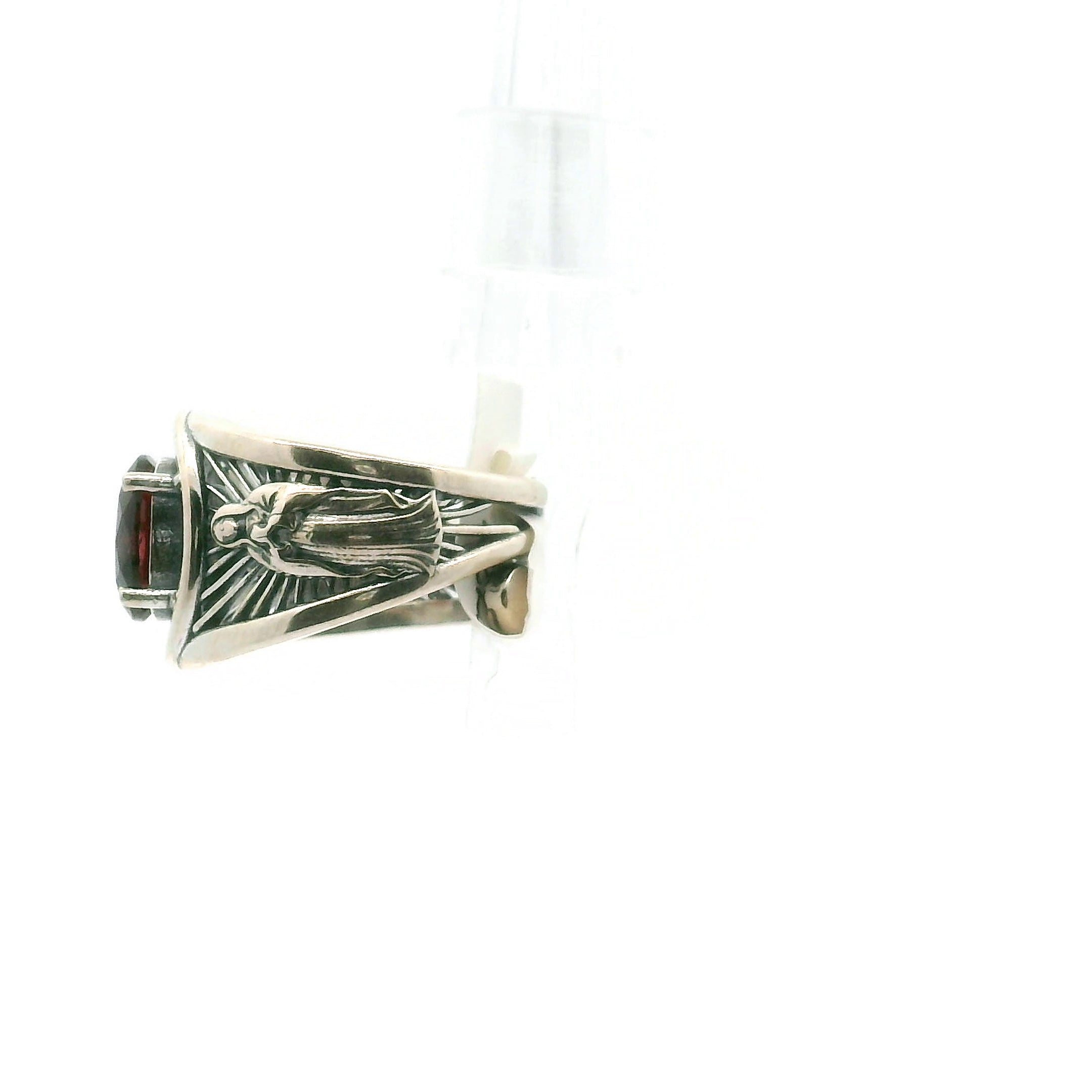 Garnet Mother Mary and Jesus Cuff Ring .925 Silver for Health, Protection, and Strength