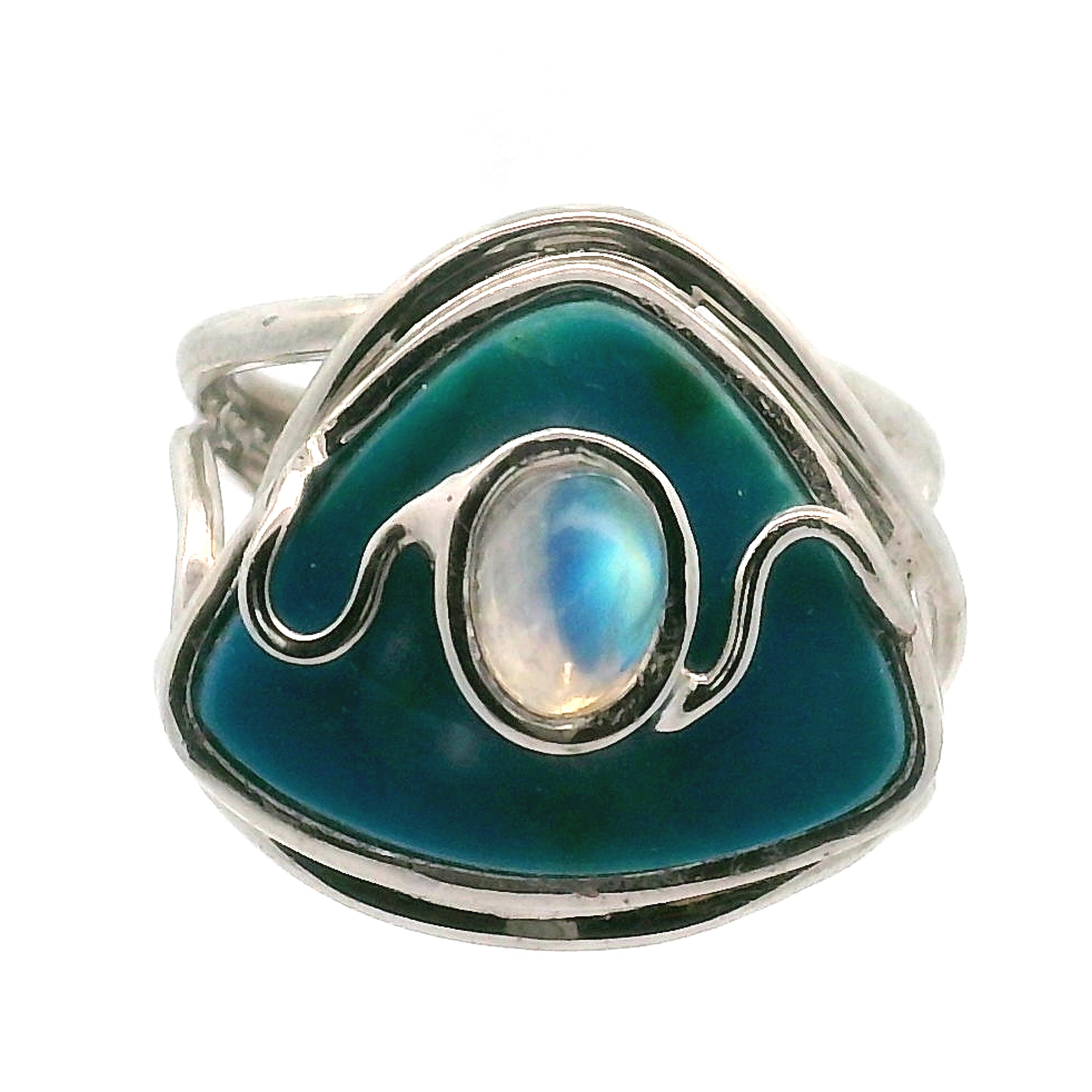 Blue Opal With Moonstone Cuff Ring .925 Silver for Encouraging Surrender to the Divine Will