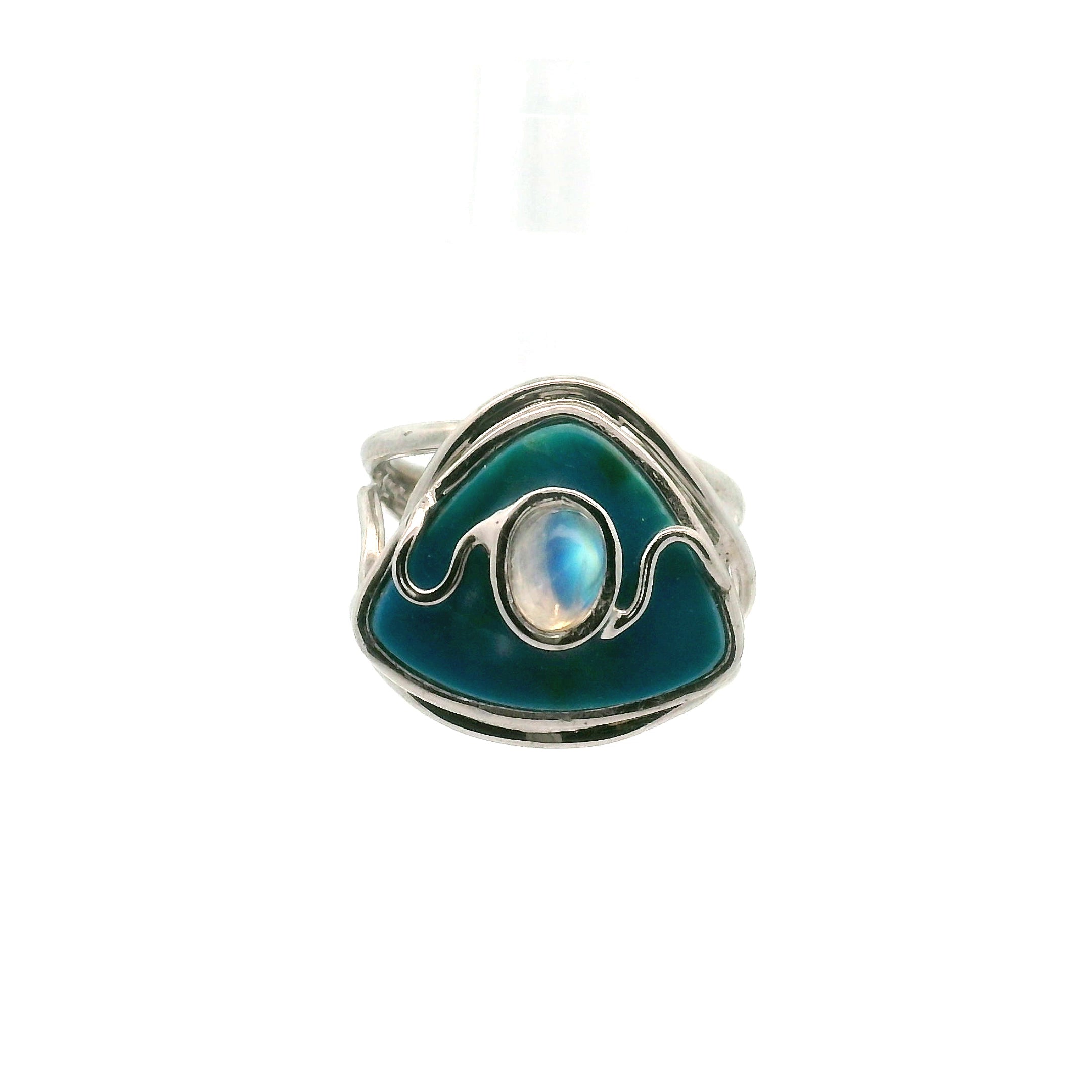 Blue Opal With Moonstone Cuff Ring .925 Silver for Encouraging Surrender to the Divine Will