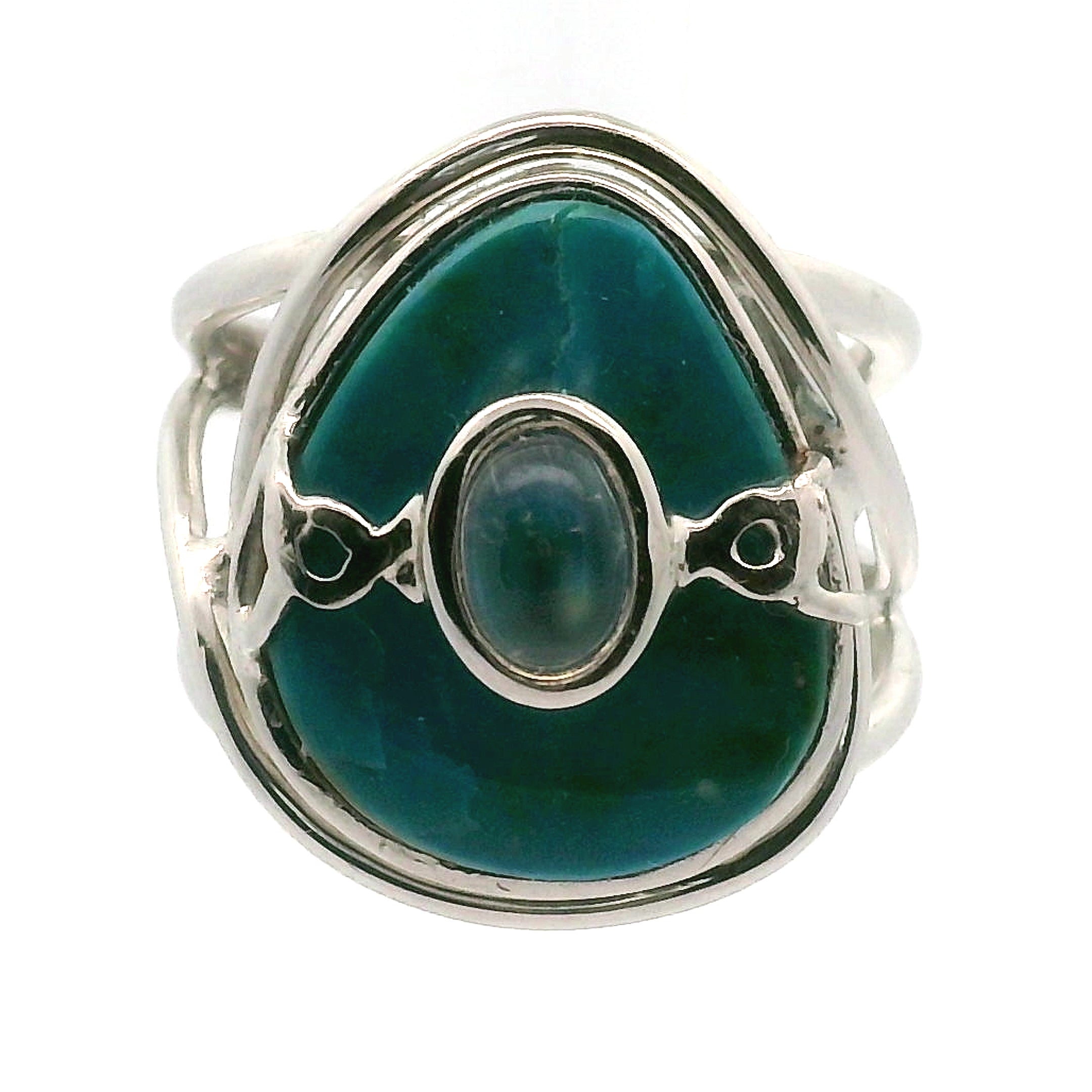 Blue Opal With Moonstone Cuff Ring .925 Silver for Encouraging Surrender to the Divine Will