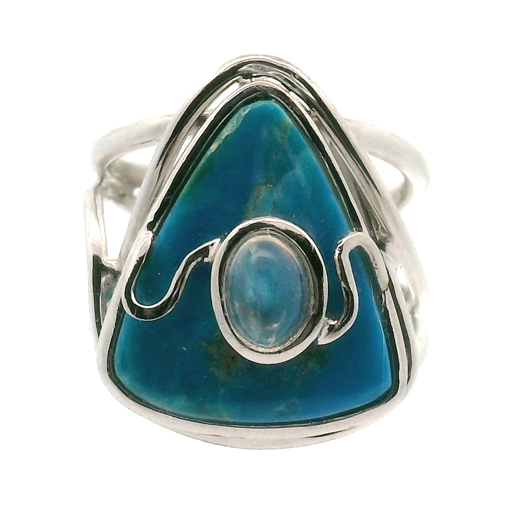 Blue Opal With Moonstone Cuff Ring .925 Silver for Encouraging Surrender to the Divine Will