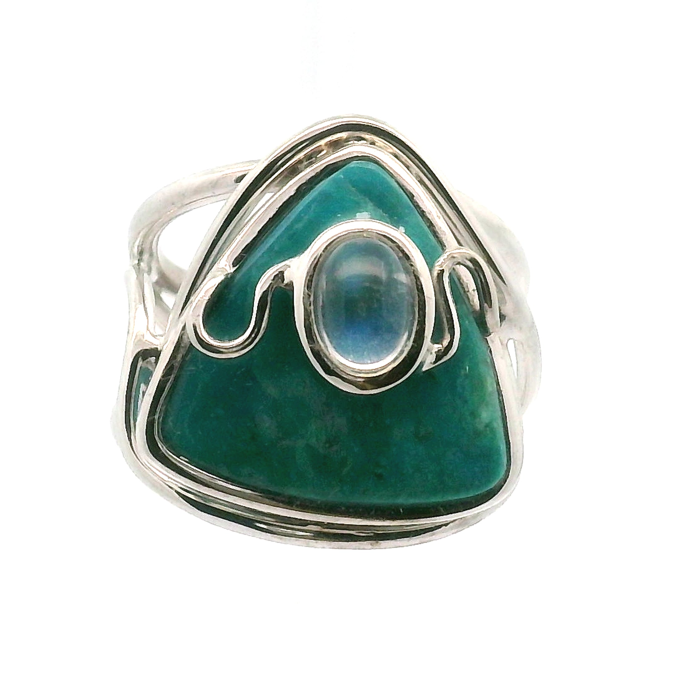 Blue Opal With Moonstone Cuff Ring .925 Silver for Encouraging Surrender to the Divine Will