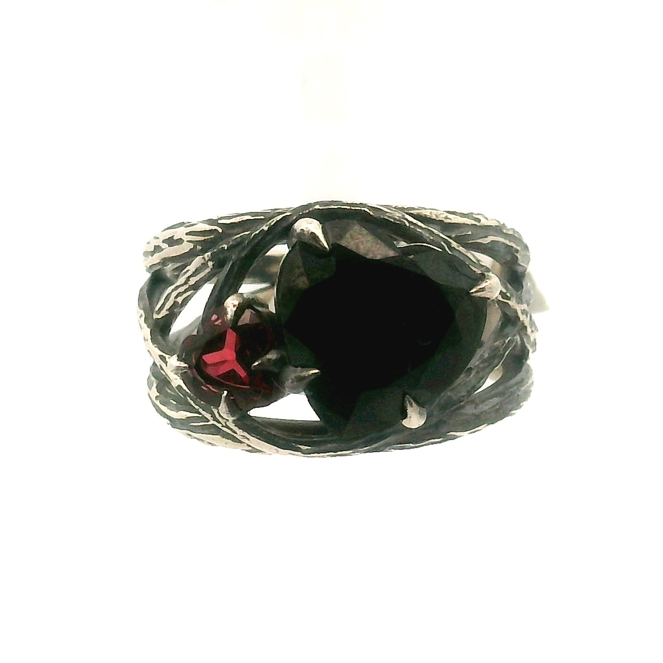 Black Spinel & Garnet Double Heart Bad Witch Cuff Ring .925 Silver for Empowerment, Grounding and Protection