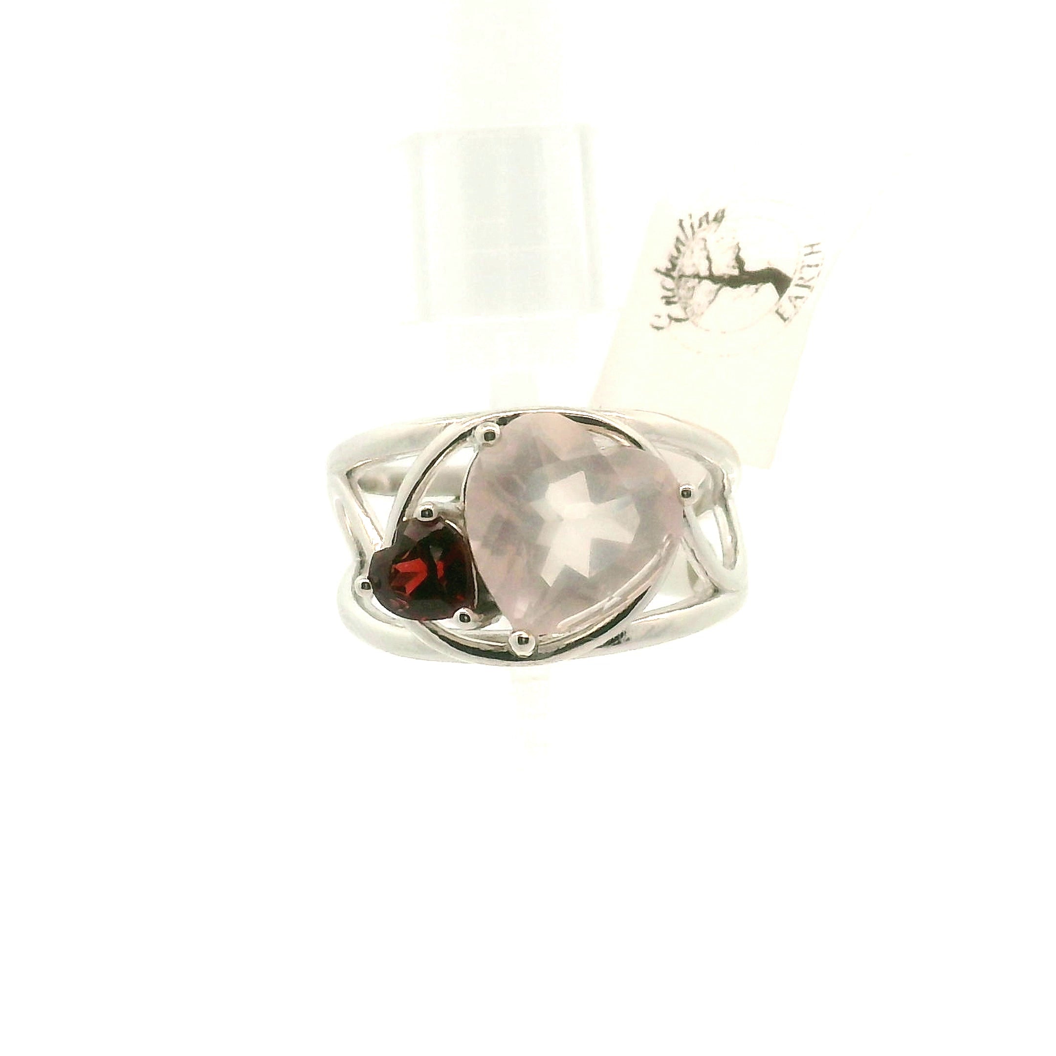 Rose Quartz and Garnet Heart Cuff Ring .925 Silver for Self-Love and Compassion