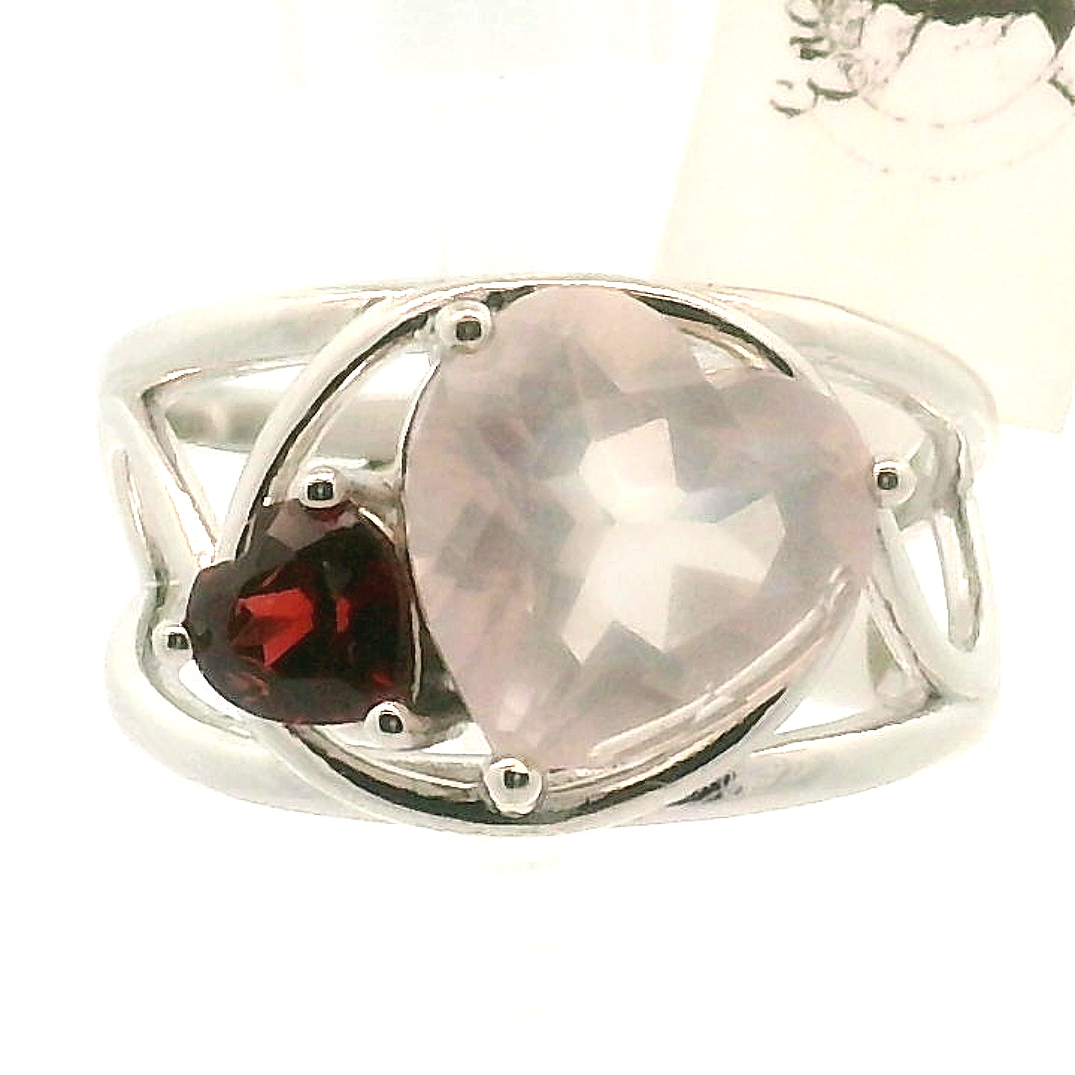 Rose Quartz and Garnet Heart Cuff Ring .925 Silver for Self-Love and Compassion