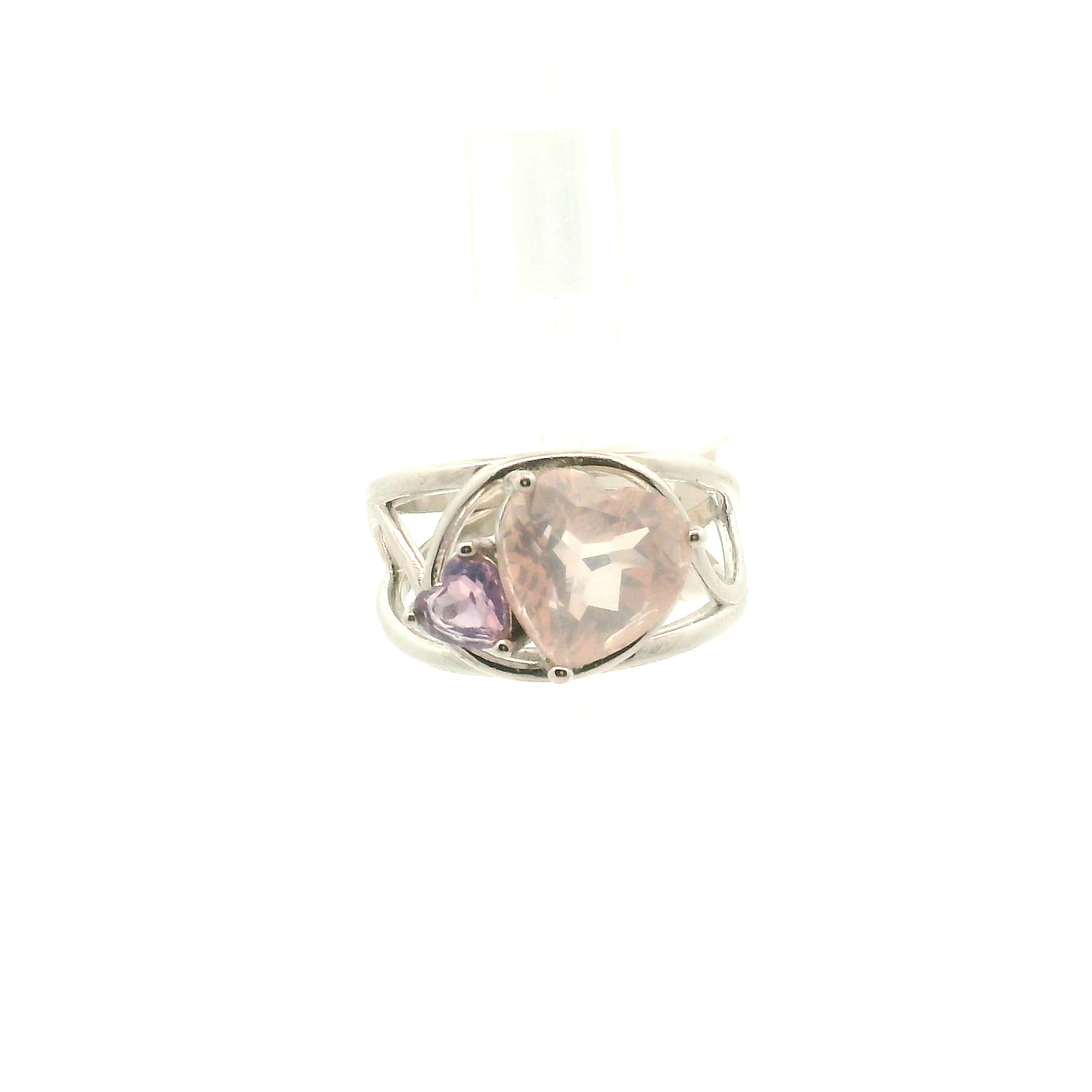 Rose Quartz and Lavender Moon Quartz Heart Cuff Ring .925 Silver for Mindfulness and Compassion (Copy)
