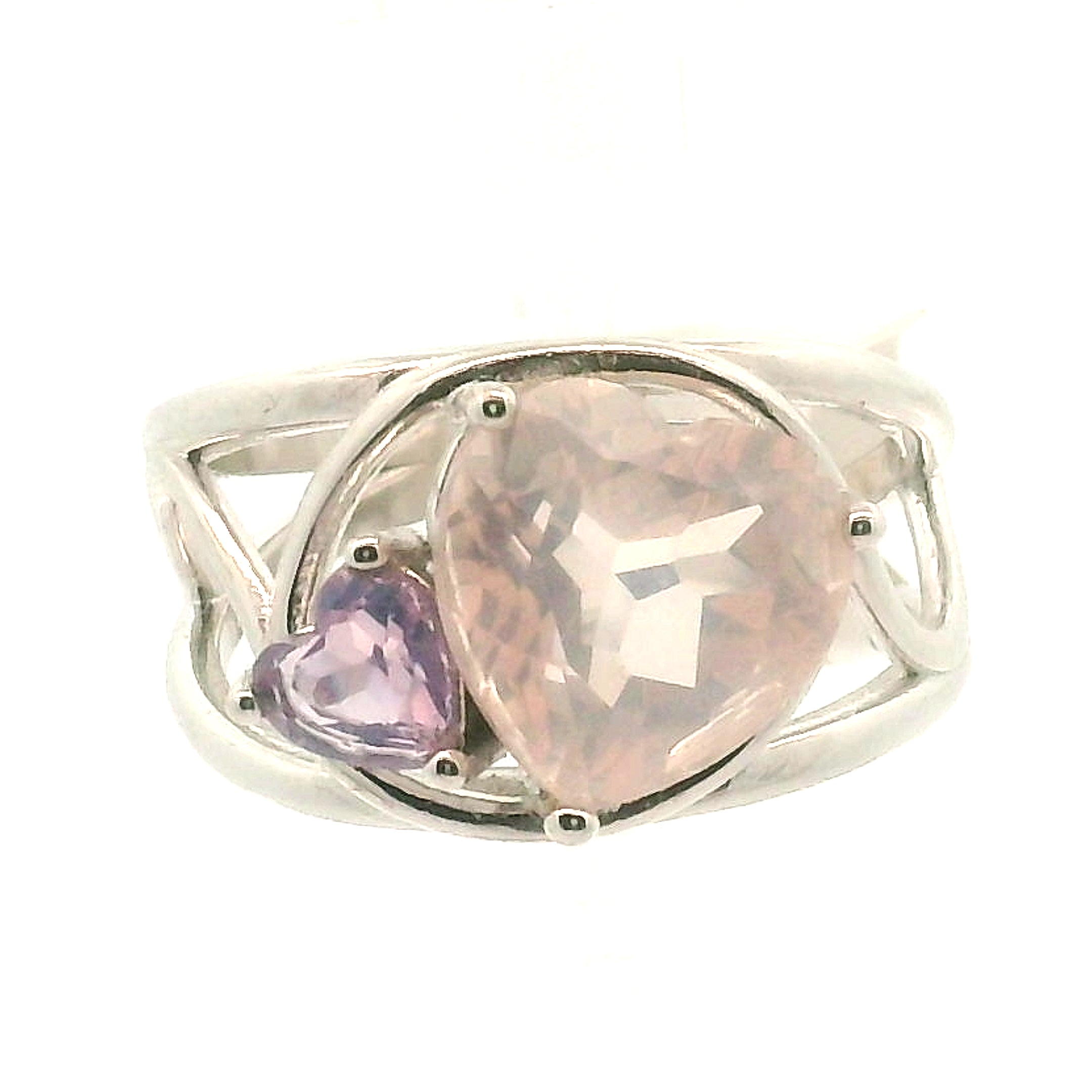 Rose Quartz and Lavender Moon Quartz Heart Cuff Ring .925 Silver for Mindfulness and Compassion (Copy)