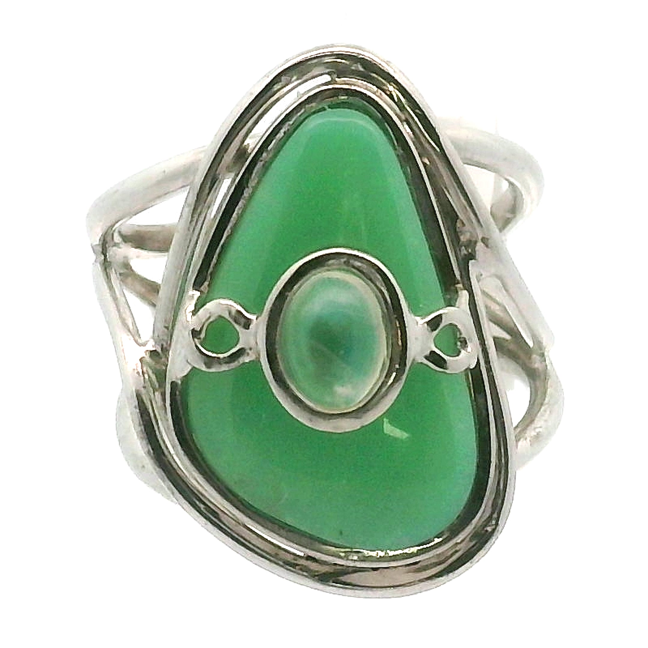 Chrysoprase With Moonstone Cuff Ring .925 Silver for Attract Abundance and New Opportunities