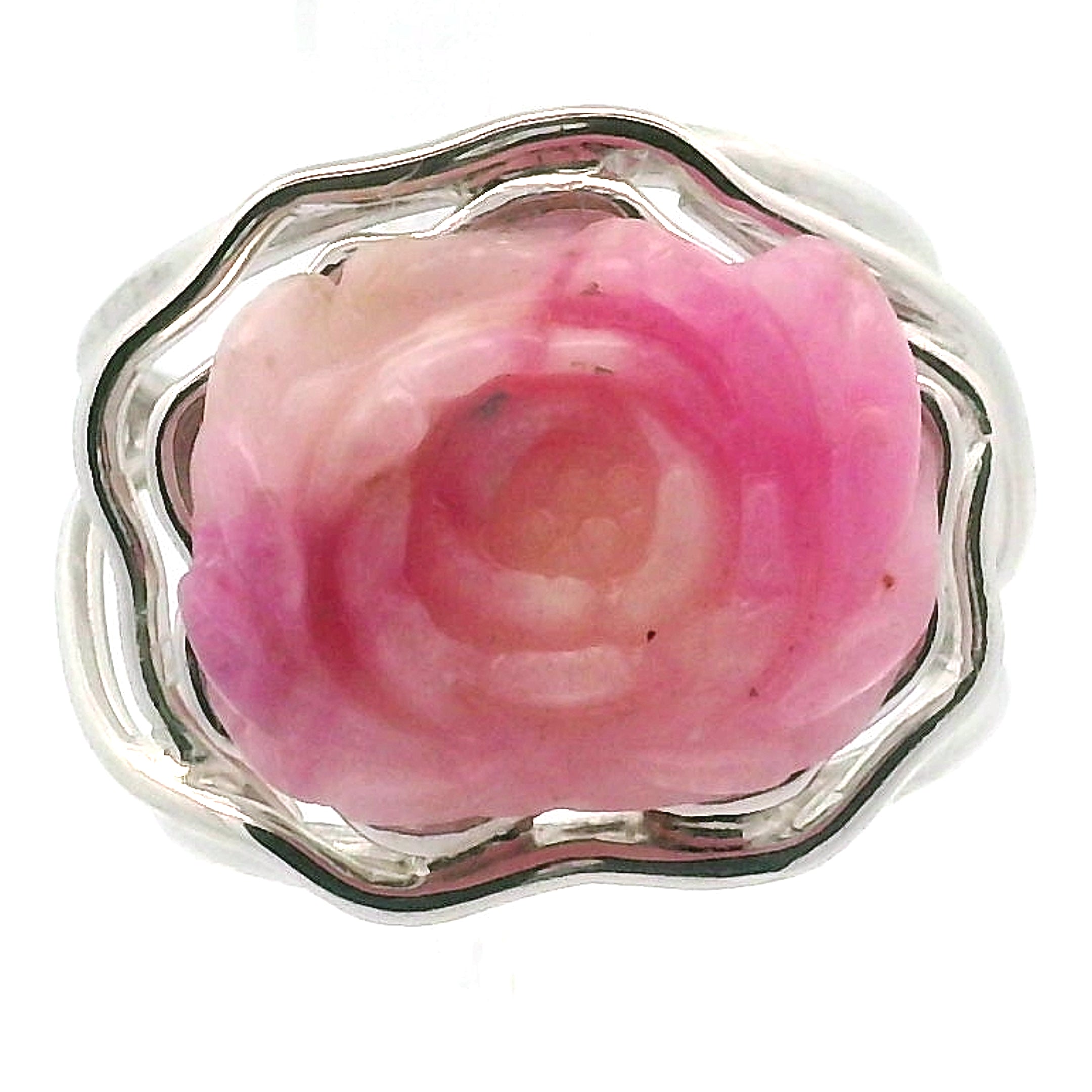 Pink Aragonite Flower Finger Cuff Adjustable Ring .925 Sterling Silver for Attracting Love, Harmonizing Relationships and Knowing your Worth