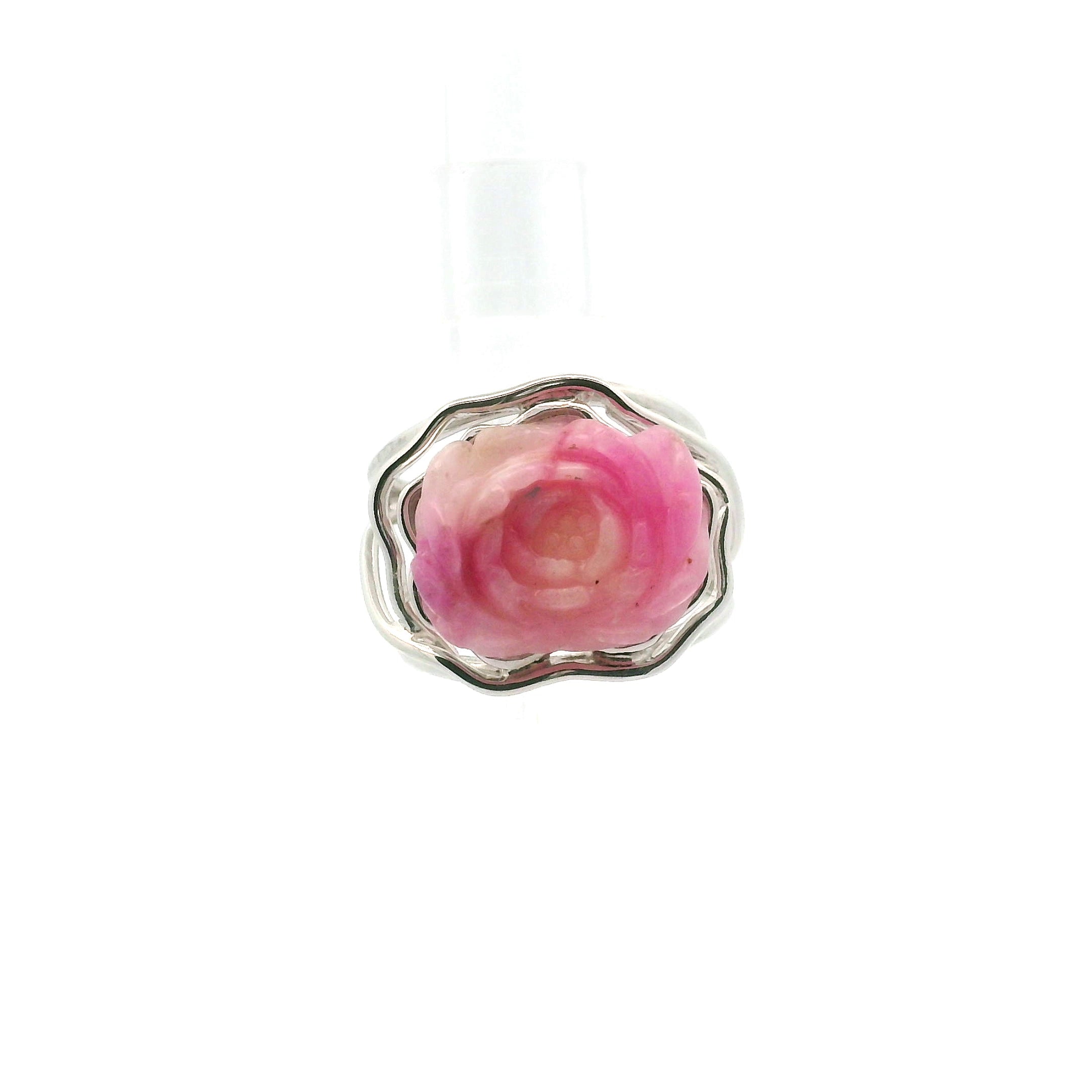 Pink Aragonite Flower Finger Cuff Adjustable Ring .925 Sterling Silver for Attracting Love, Harmonizing Relationships and Knowing your Worth