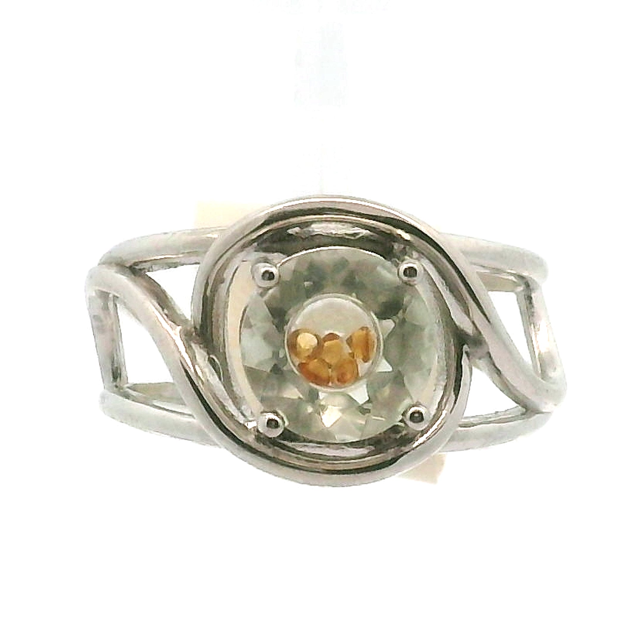 Praisolite with Inlays Cuff Ring .925 Silver for Love, Prosperity, and Success