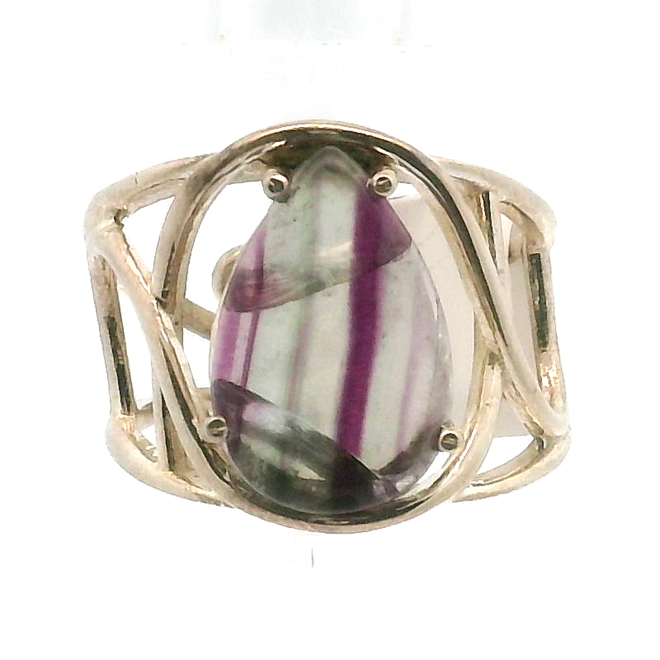 Rainbow Fluorite Cuff Ring .925 Silver for Clearing Energy Fields and Focusing on your Goals