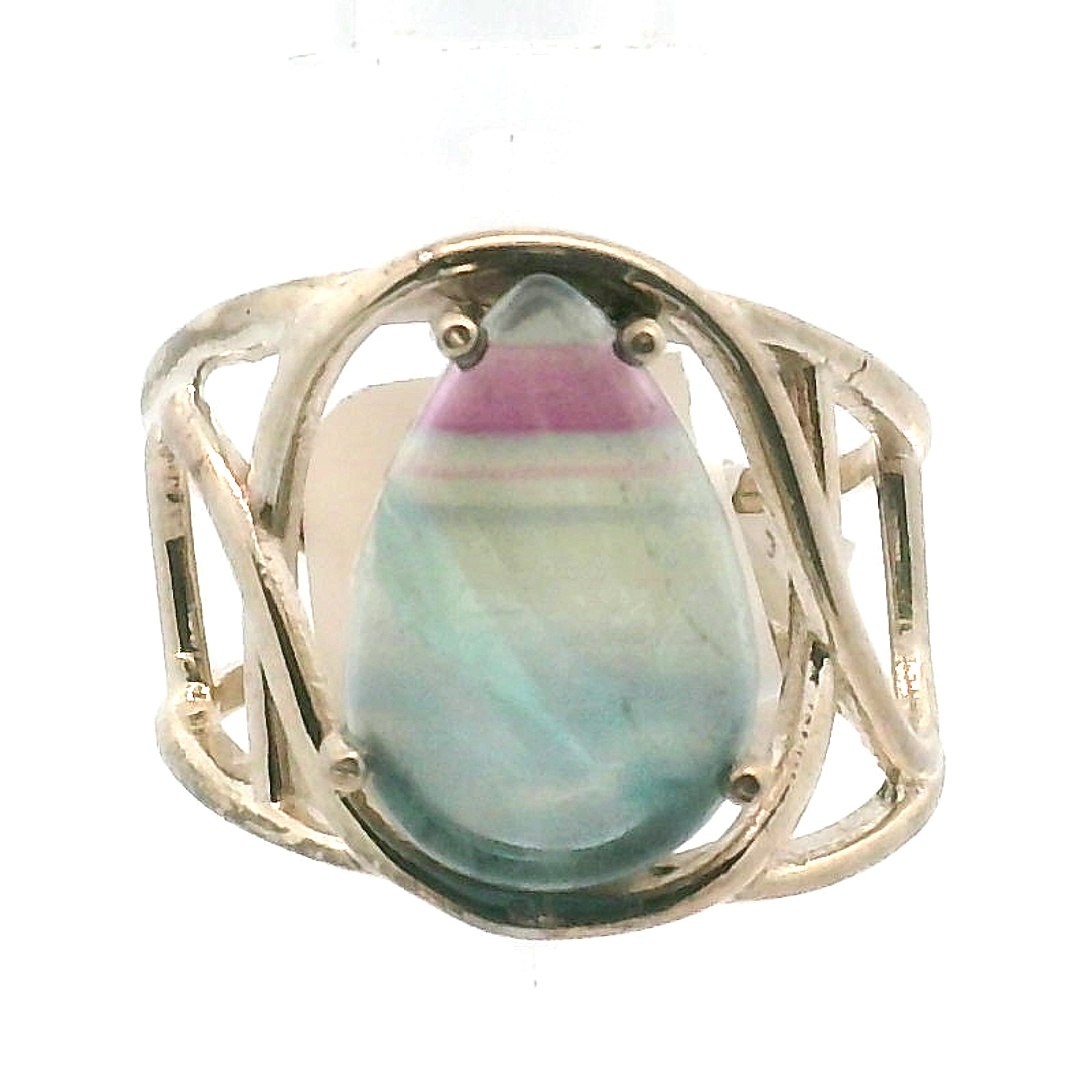 Rainbow Fluorite Cuff Ring .925 Silver for Clearing Energy Fields and Focusing on your Goals