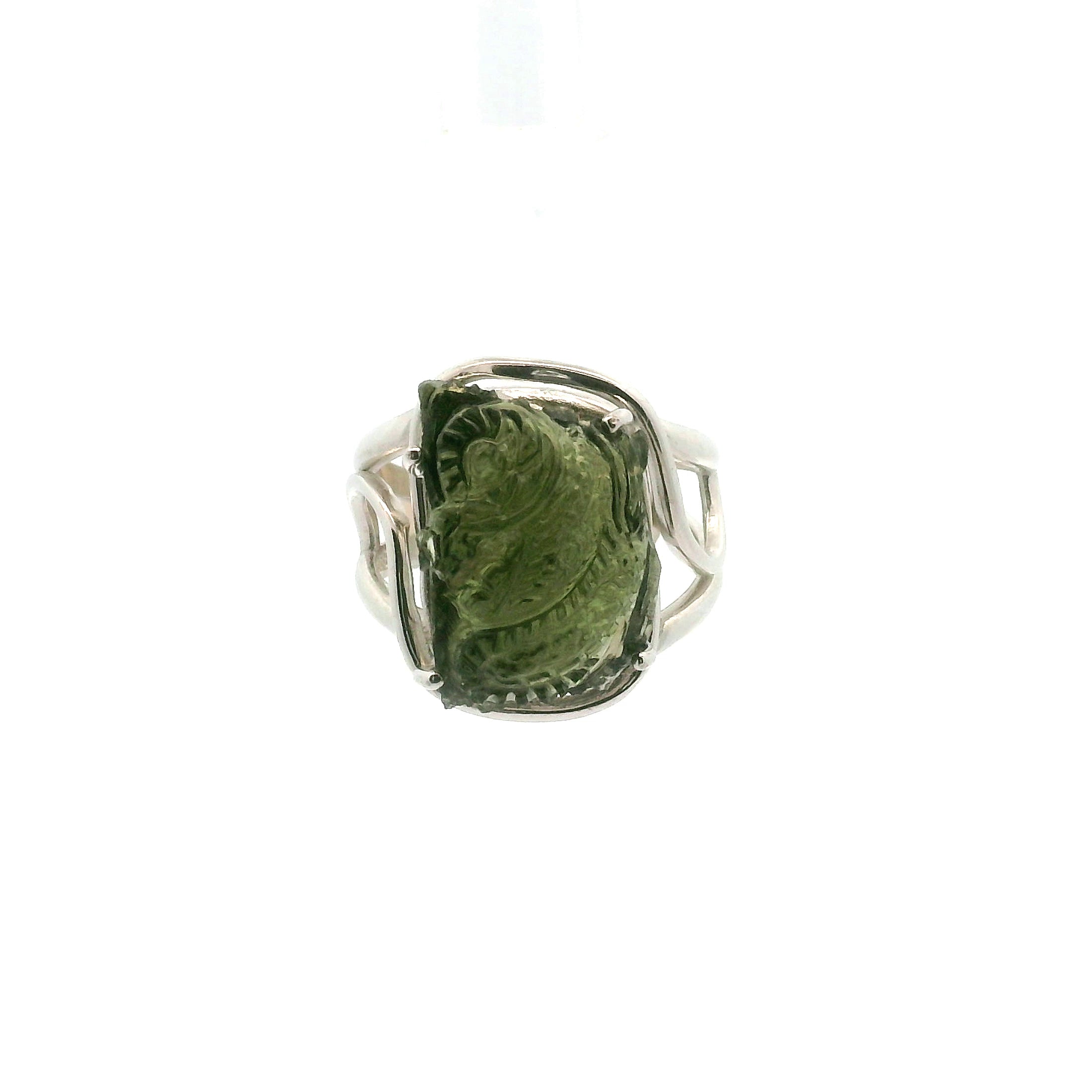 Carved Moldavite Cuff Ring Adjustable Ring .925 Silver for Creating your Dream Life