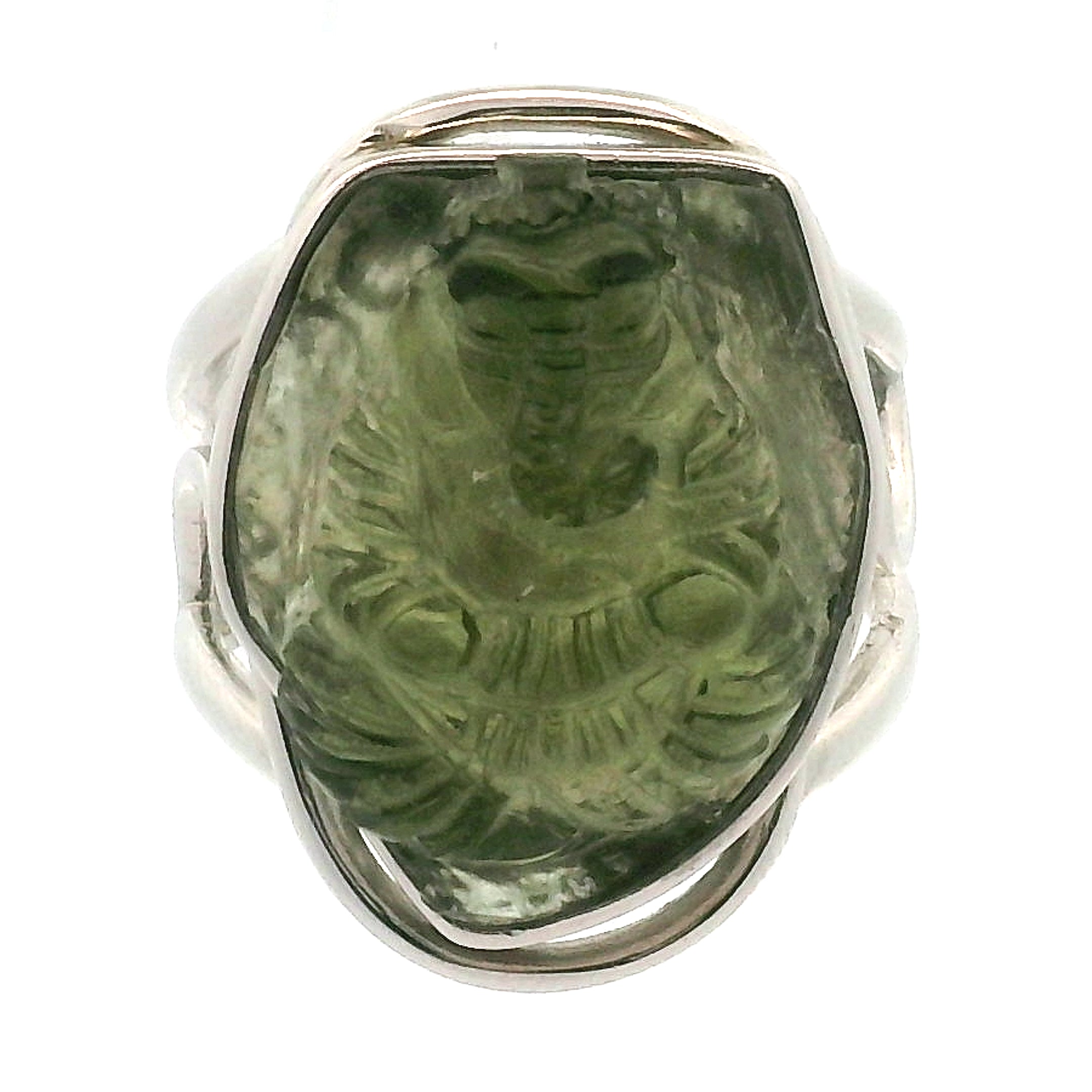 Carved Moldavite Cuff Ring Adjustable Ring .925 Silver for Creating your Dream Life