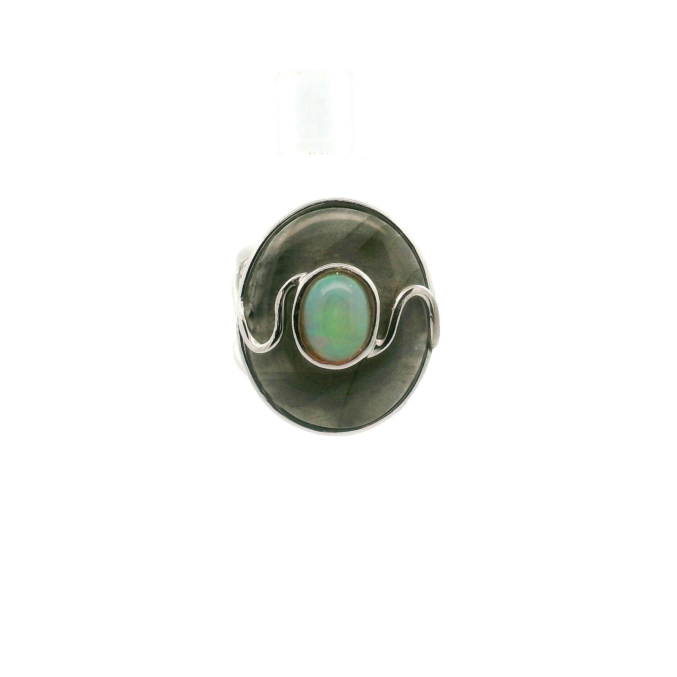 Labradorite with Opal Cuff Ring .925 Silver for Transformation and Spiritual Insight