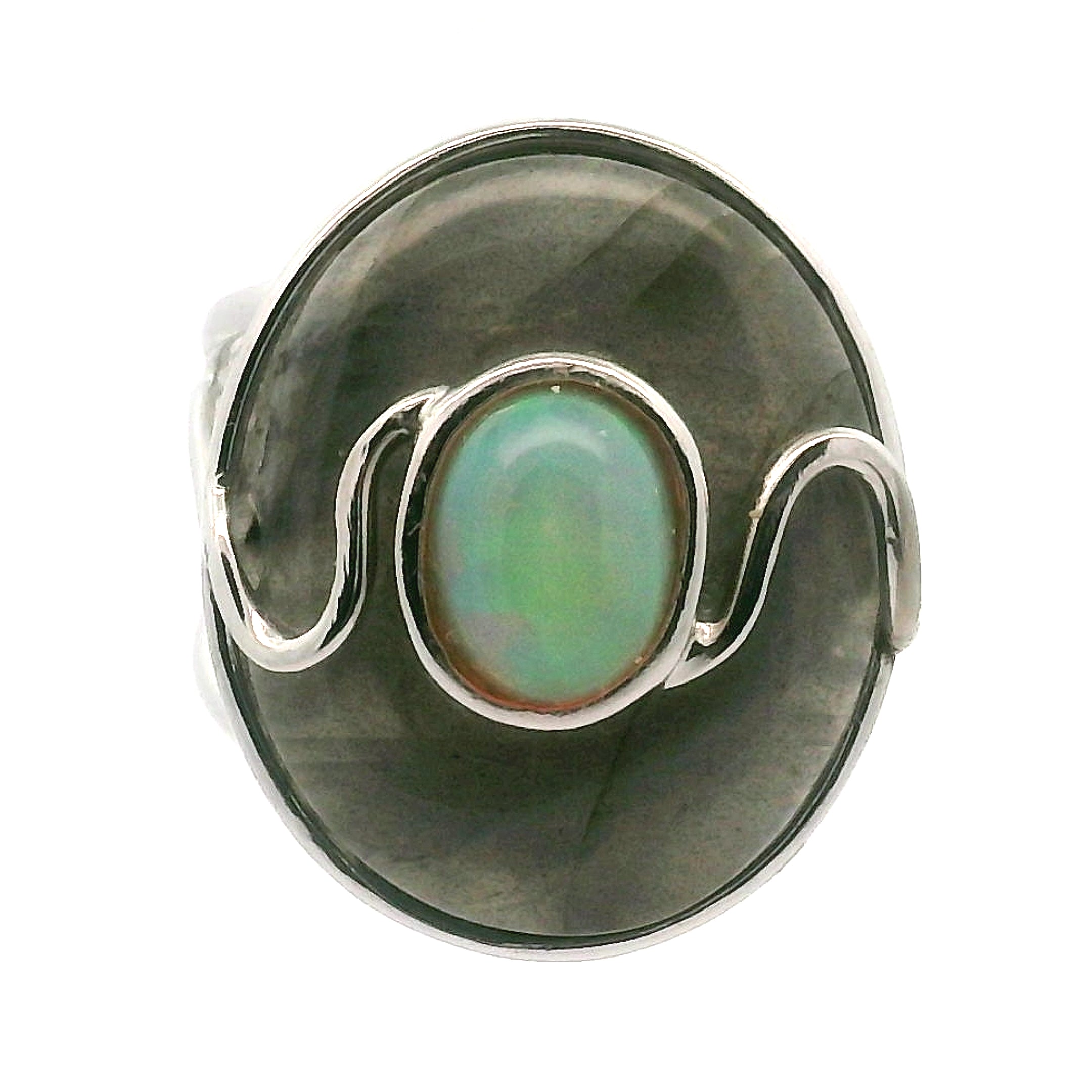 Labradorite with Opal Cuff Ring .925 Silver for Transformation and Spiritual Insight