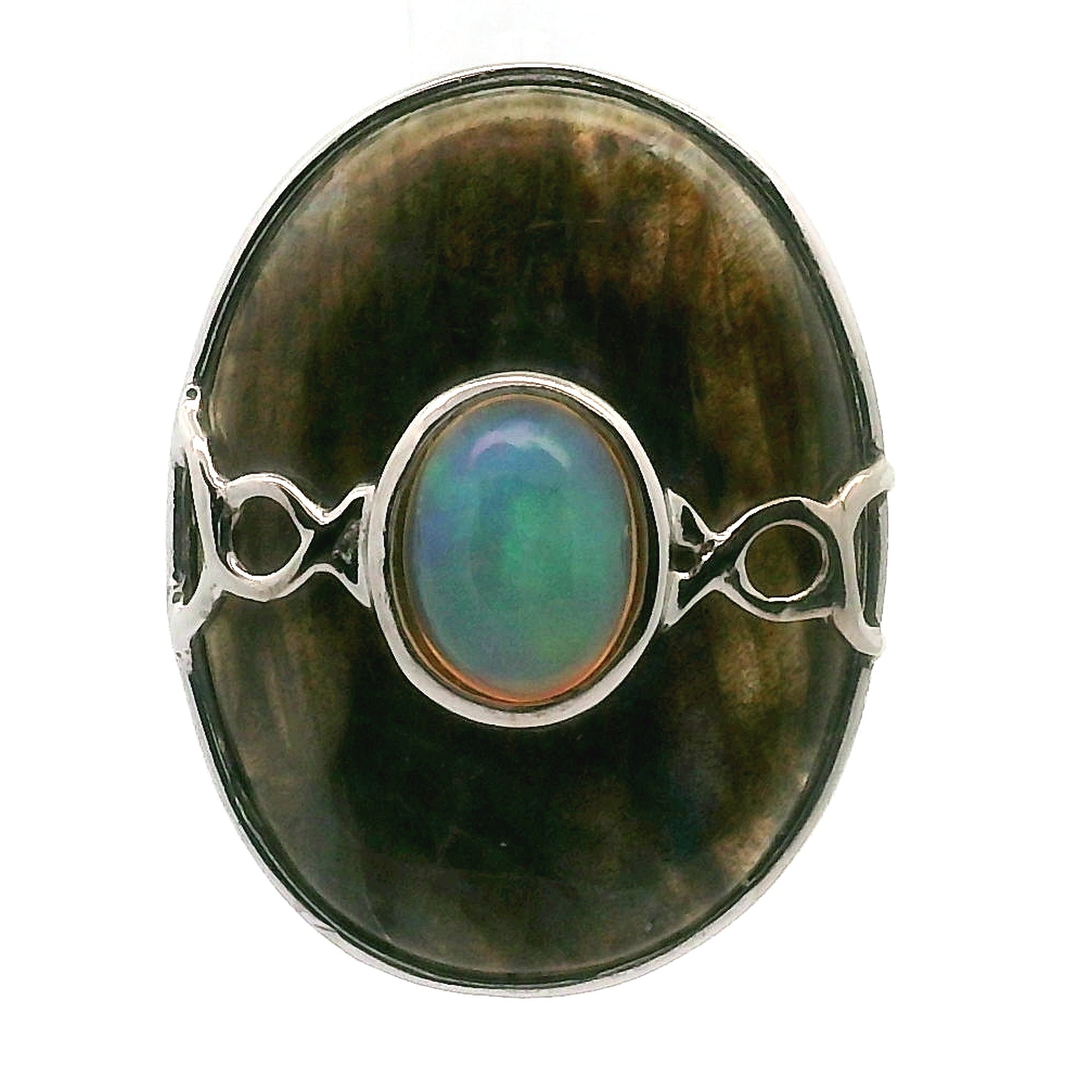 Labradorite with Opal Cuff Ring .925 Silver for Transformation and Spiritual Insight
