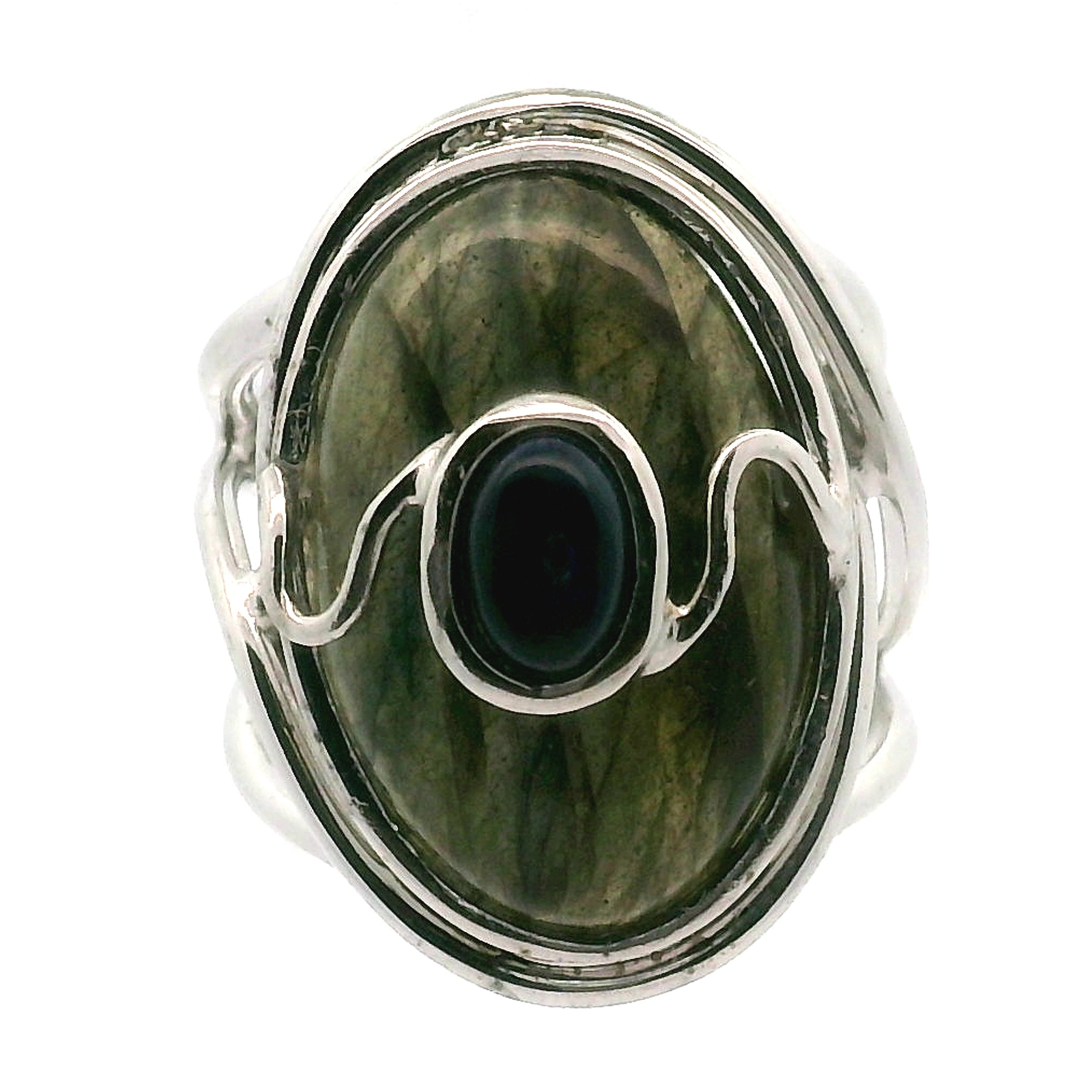 Labradorite with Black Opal Cuff Ring .925 Silver for Meditation and Spiritual Insight