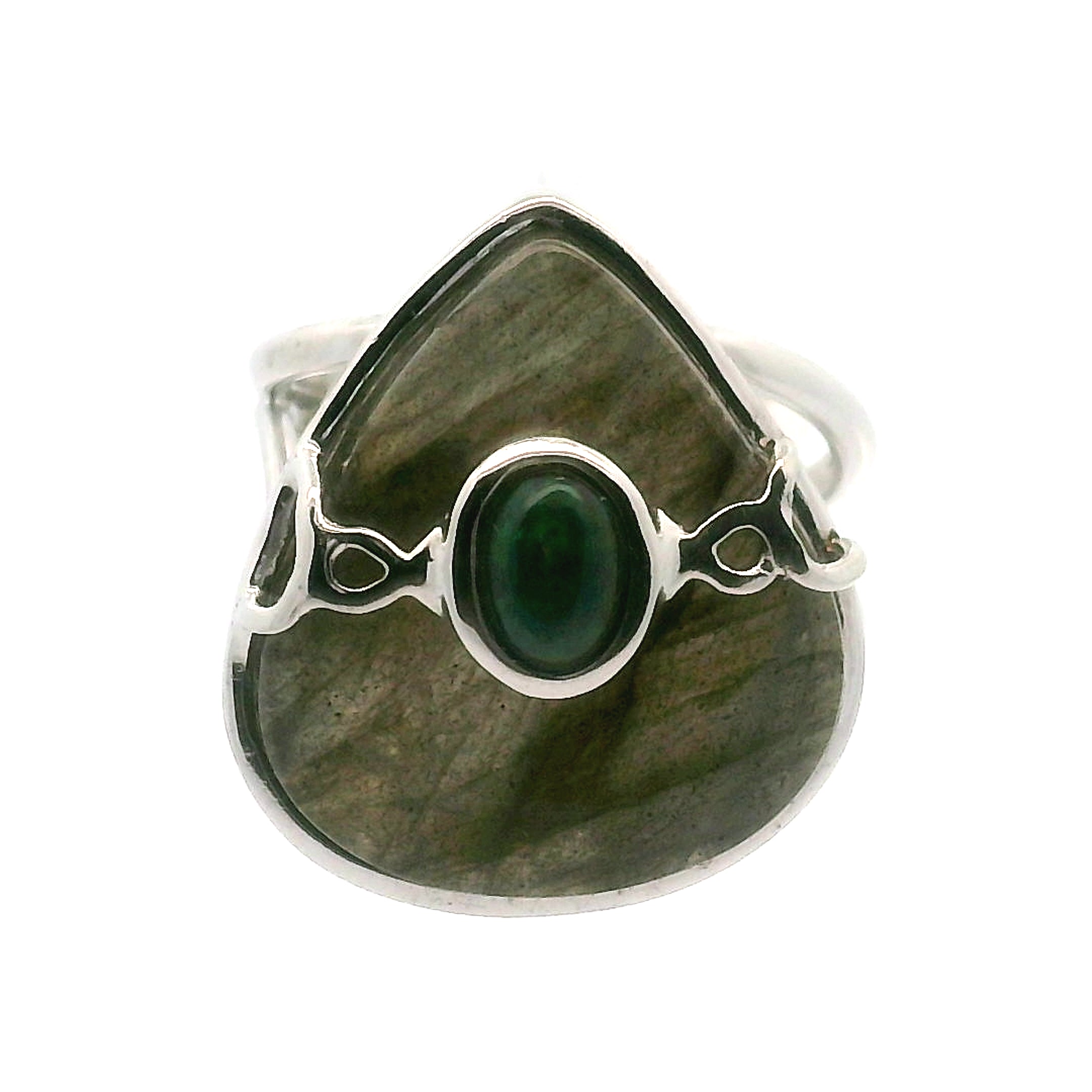 Labradorite with Black Opal Cuff Ring .925 Silver for Meditation and Spiritual Insight
