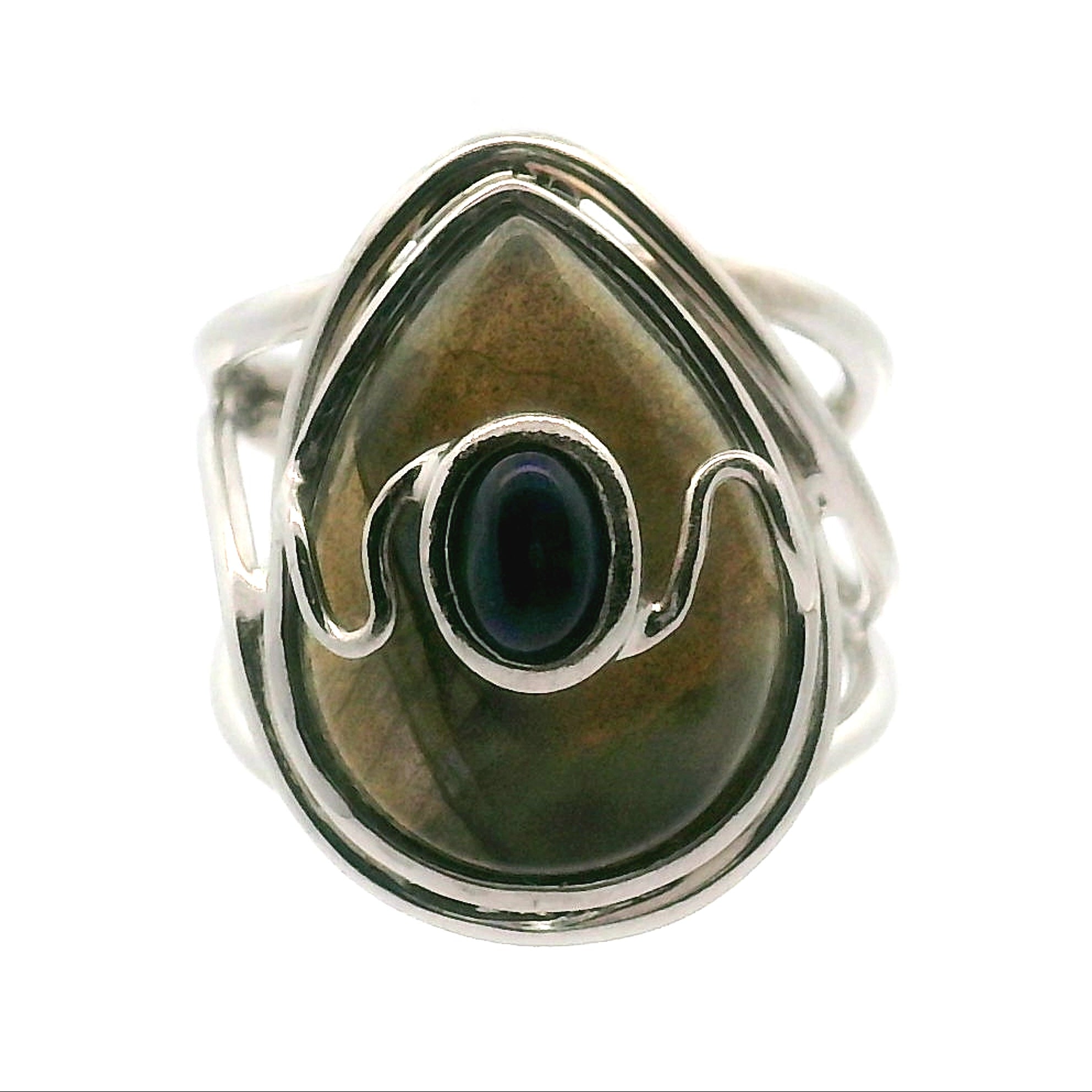 Labradorite with Black Opal Cuff Ring .925 Silver for Meditation and Spiritual Insight