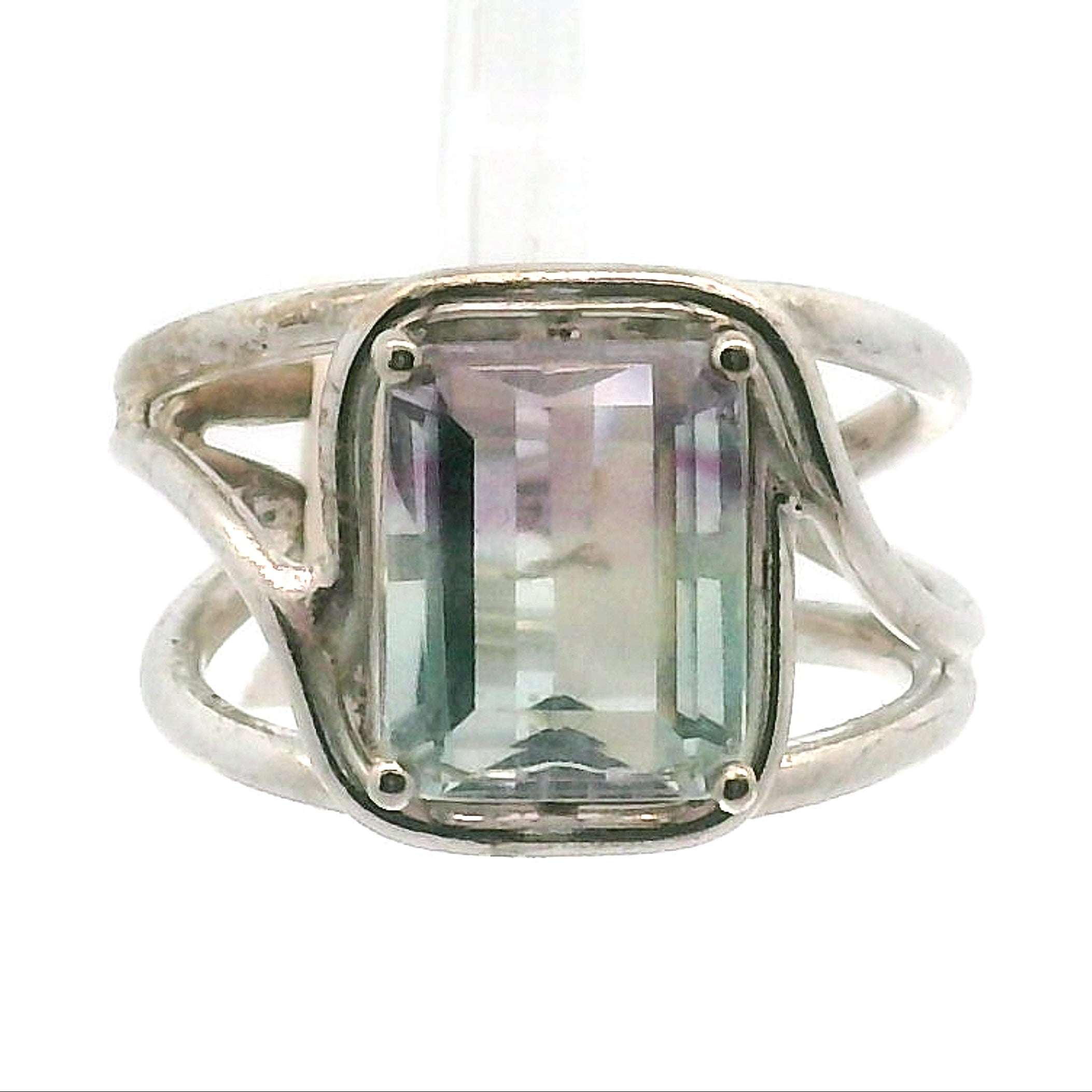 Rainbow Fluorite Emerald Cut Cuff Rings .925 Silver for Clearing Energy Fields and Focusing on your Goals