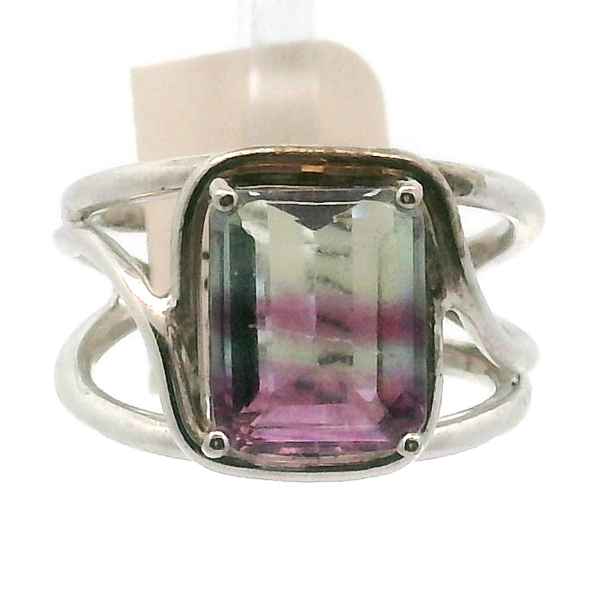 Rainbow Fluorite Emerald Cut Cuff Rings .925 Silver for Clearing Energy Fields and Focusing on your Goals