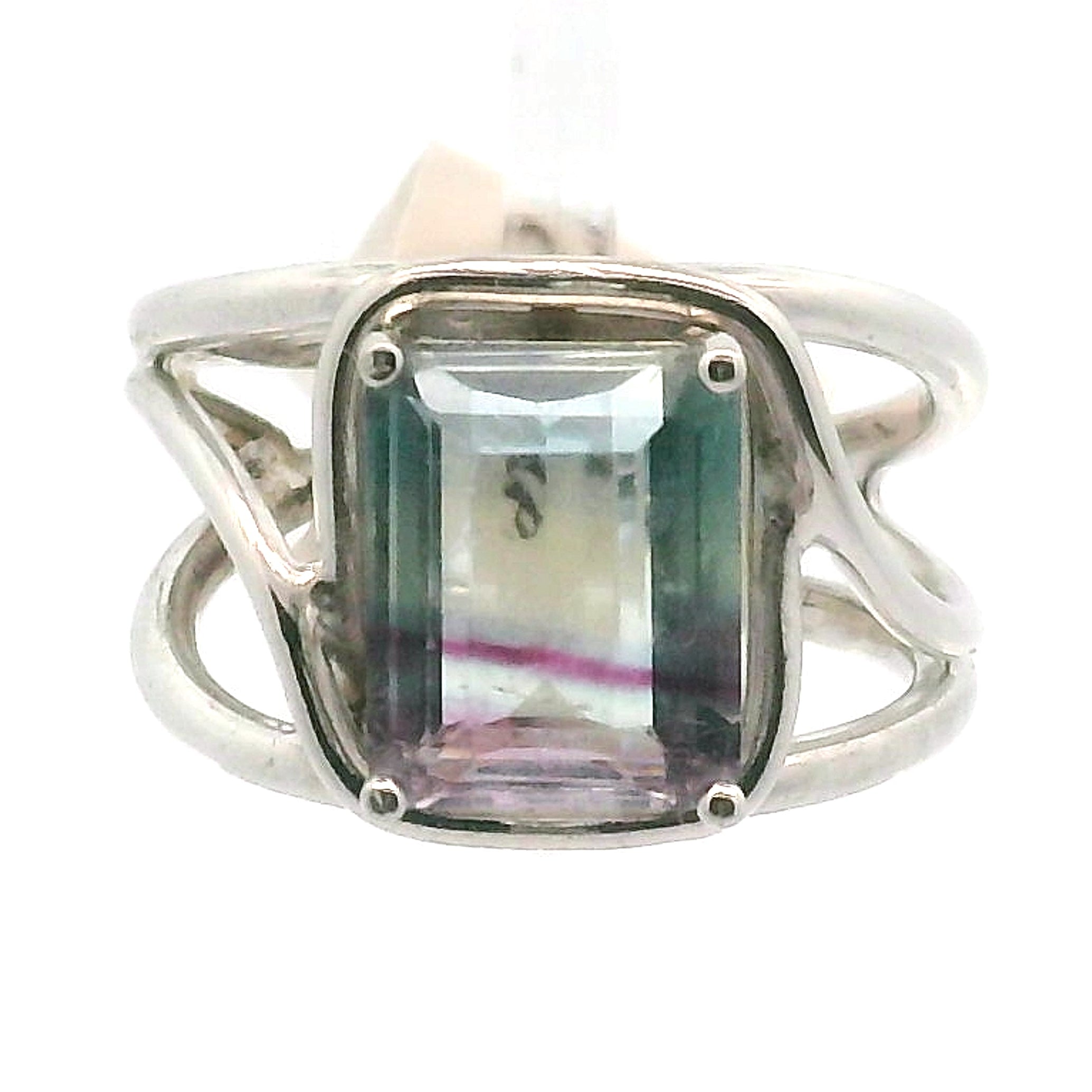 Rainbow Fluorite Emerald Cut Cuff Rings .925 Silver for Clearing Energy Fields and Focusing on your Goals