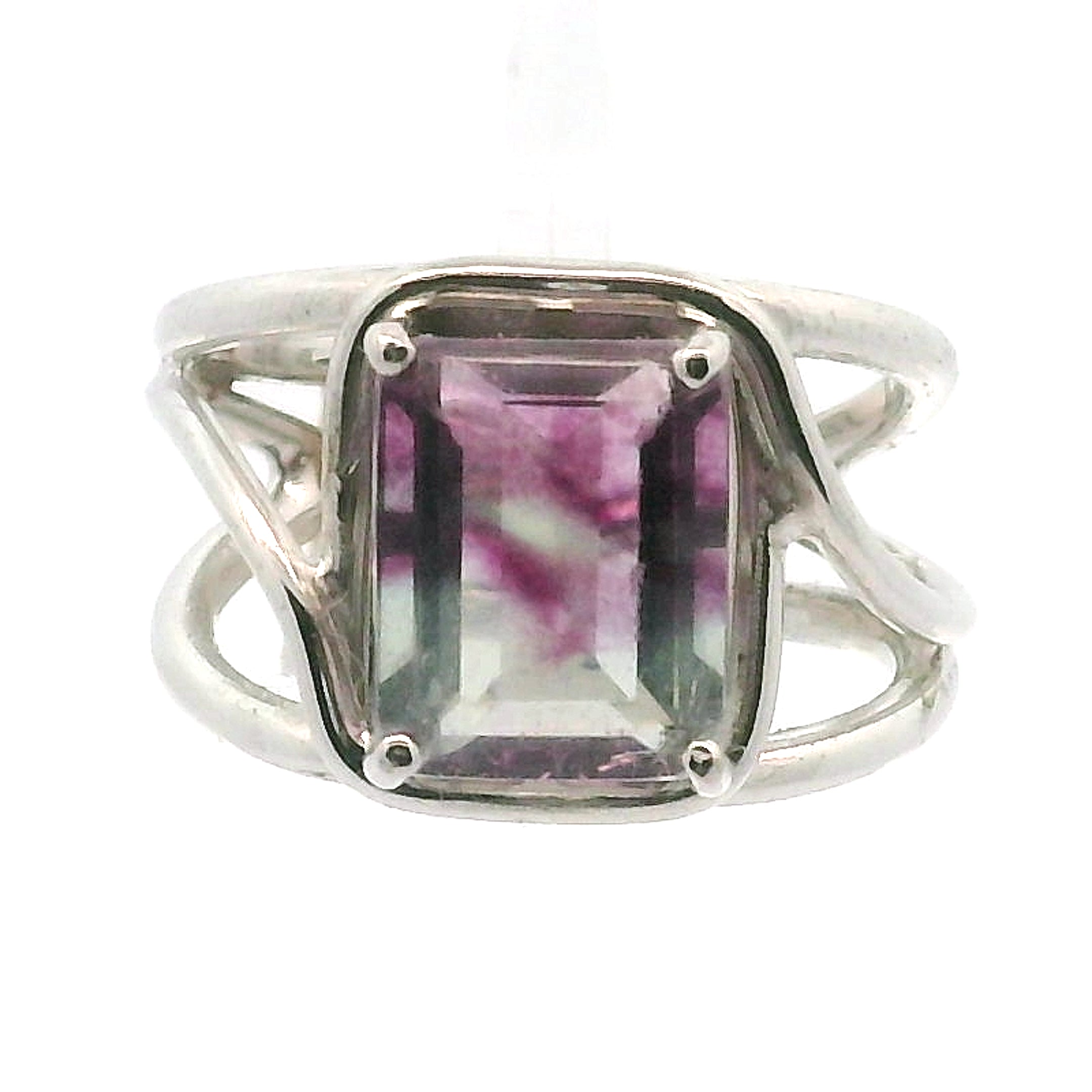 Rainbow Fluorite Emerald Cut Cuff Rings .925 Silver for Clearing Energy Fields and Focusing on your Goals