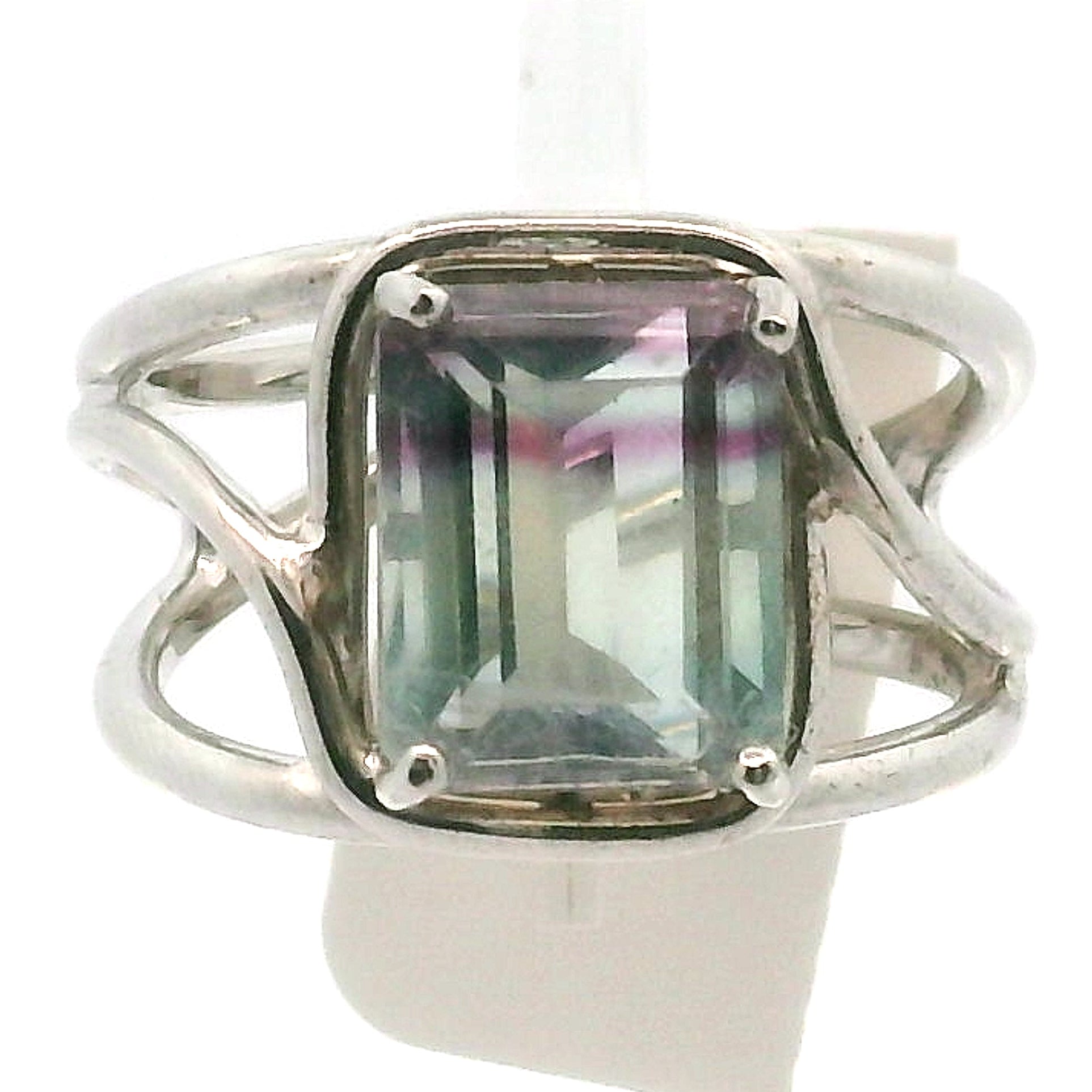 Rainbow Fluorite Emerald Cut Cuff Rings .925 Silver for Clearing Energy Fields and Focusing on your Goals