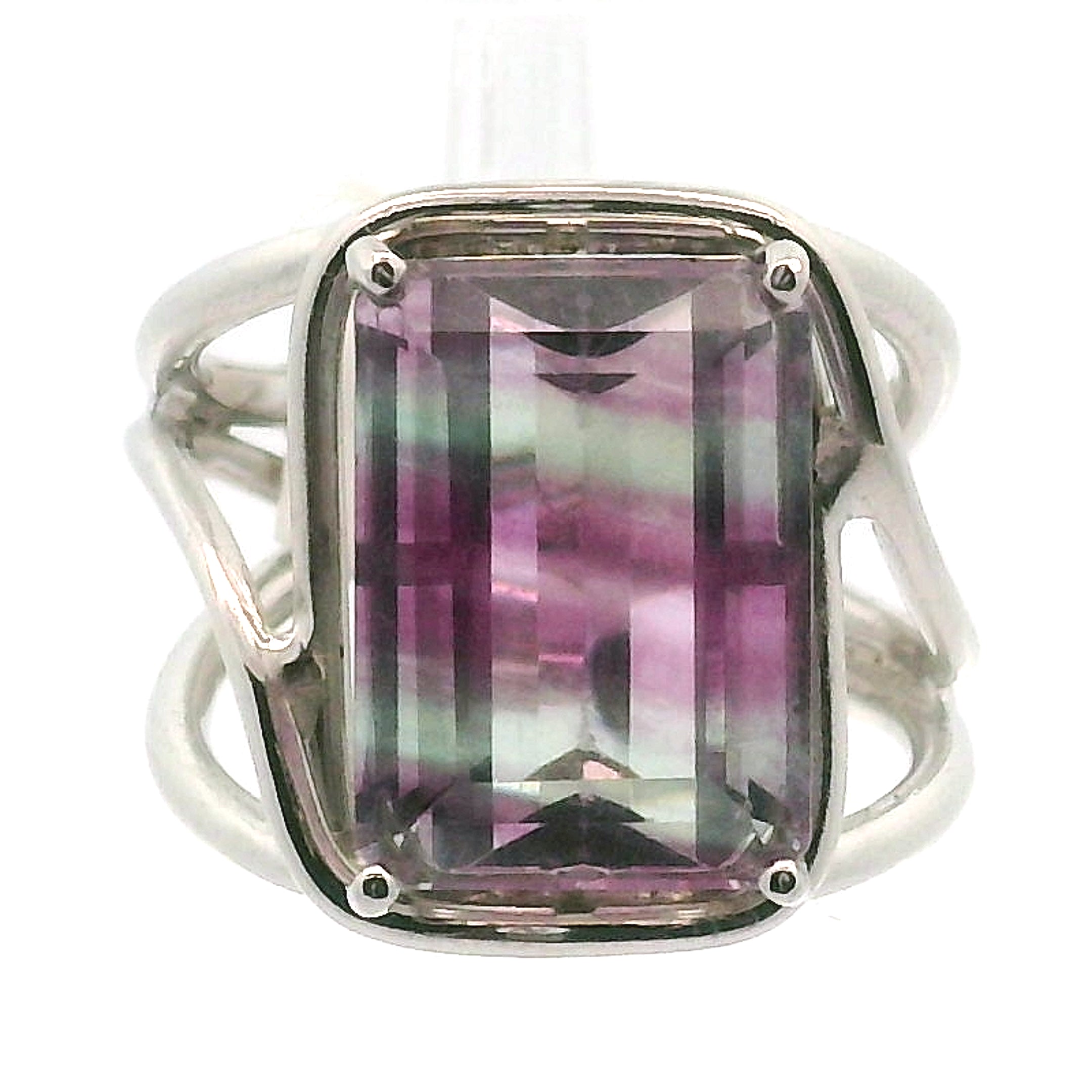 Rainbow Fluorite Emerald Cut Cuff Rings .925 Silver for Clearing Energy Fields and Focusing on your Goals