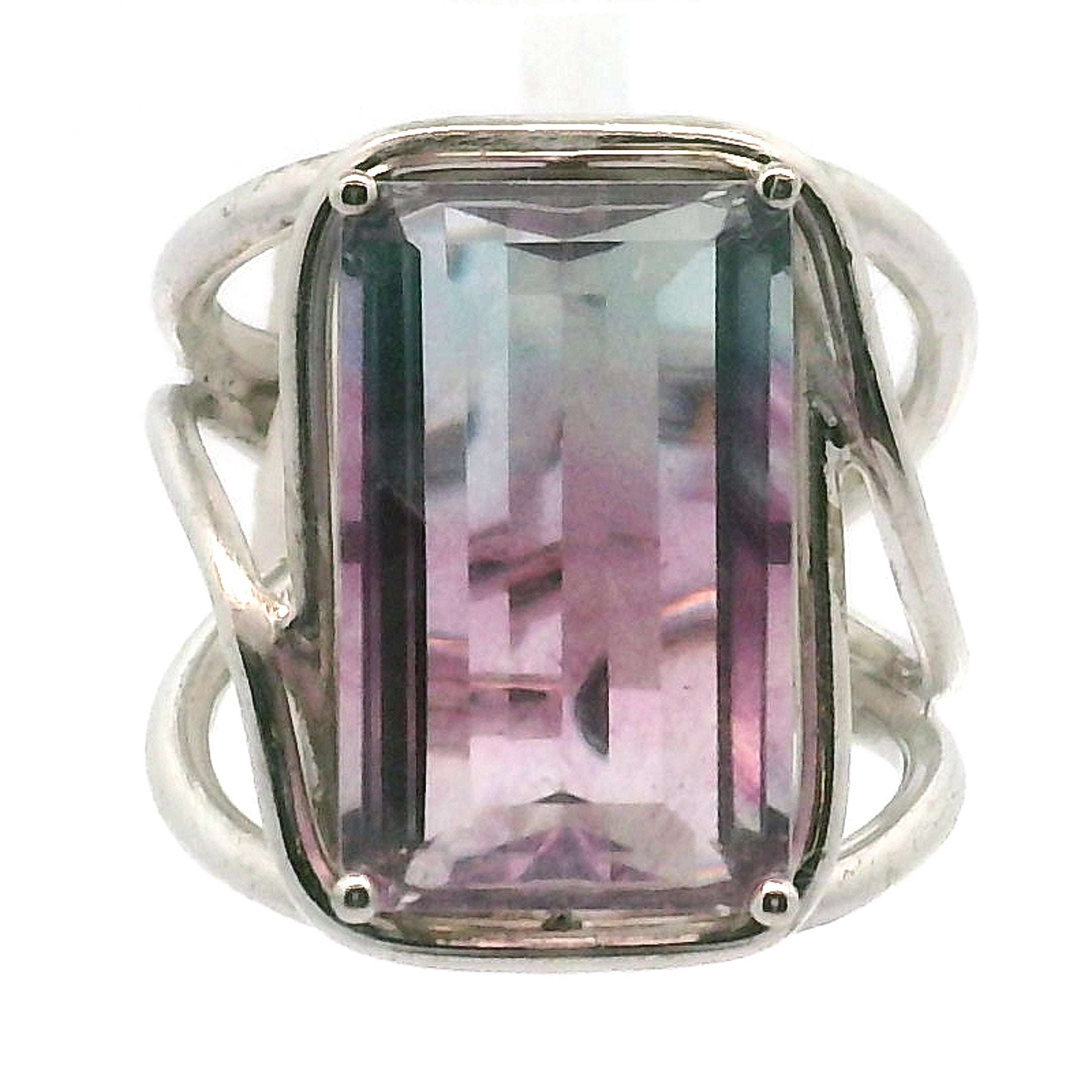 Rainbow Fluorite Emerald Cut Cuff Rings .925 Silver for Clearing Energy Fields and Focusing on your Goals