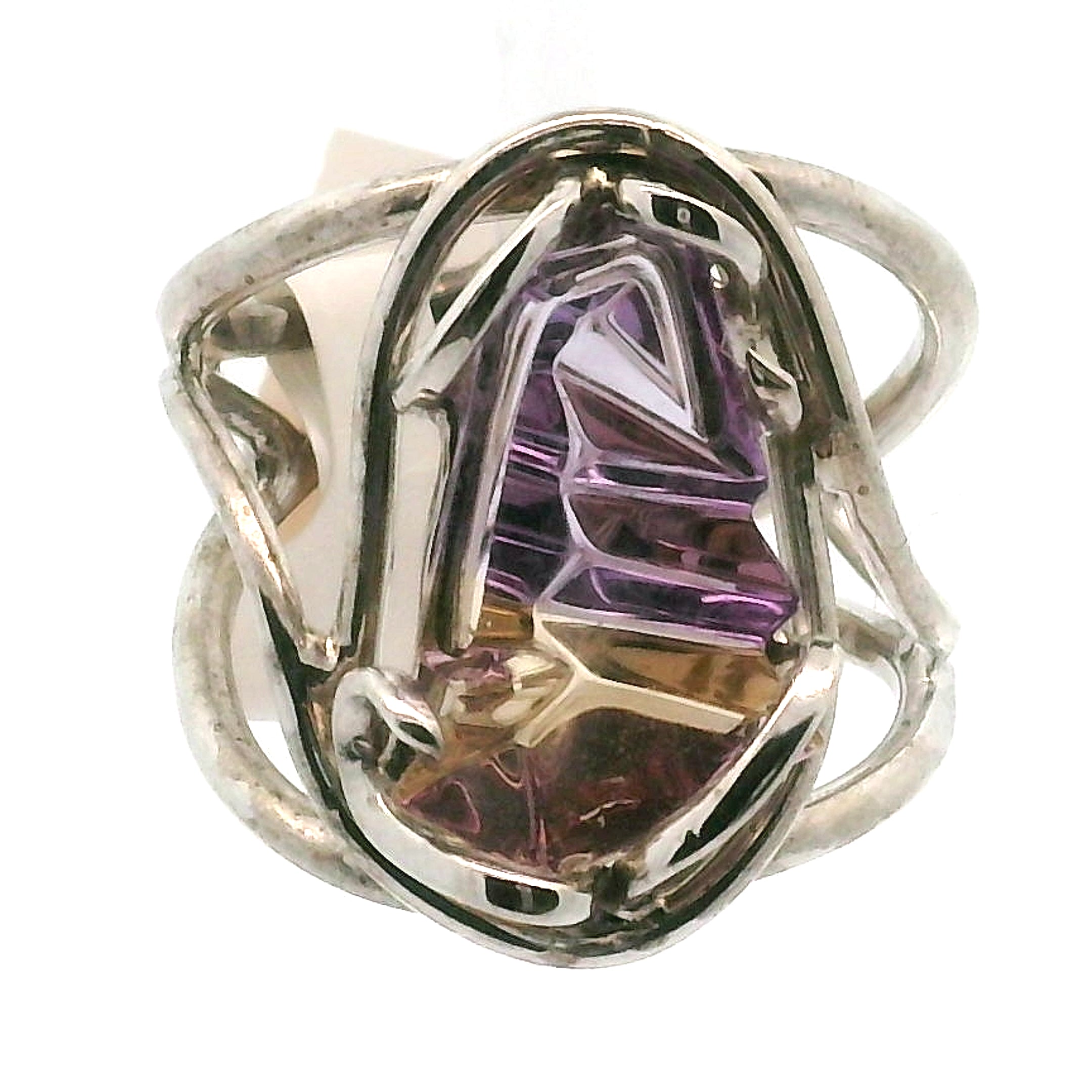 Ametrine Carved Cuff Ring .925 Silver for Empowerment & Harmony
