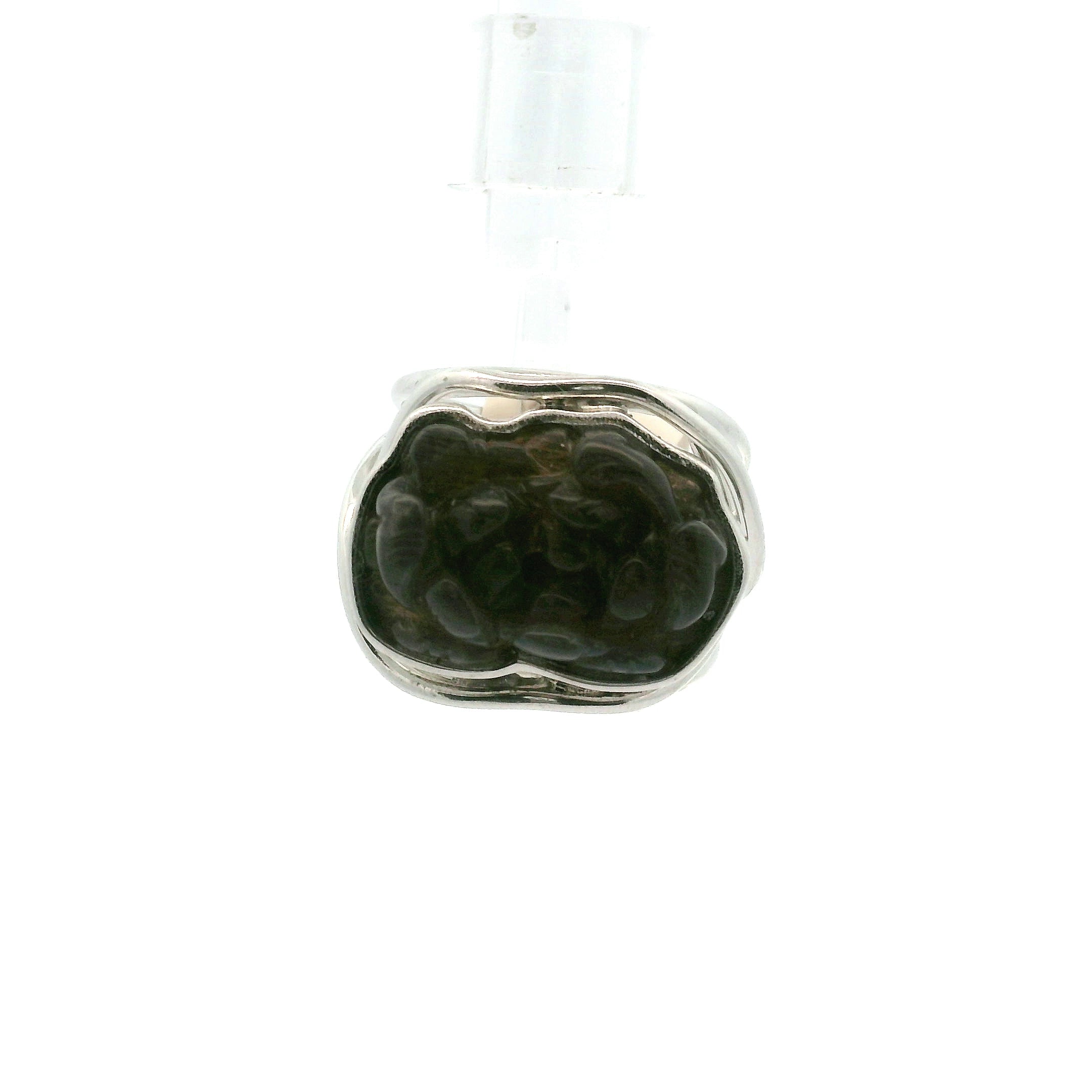 Black Moonstone with Sunstone Lotus Finger Cuff Adjustable Ring .925 Silver for New Beginnings and Protection
