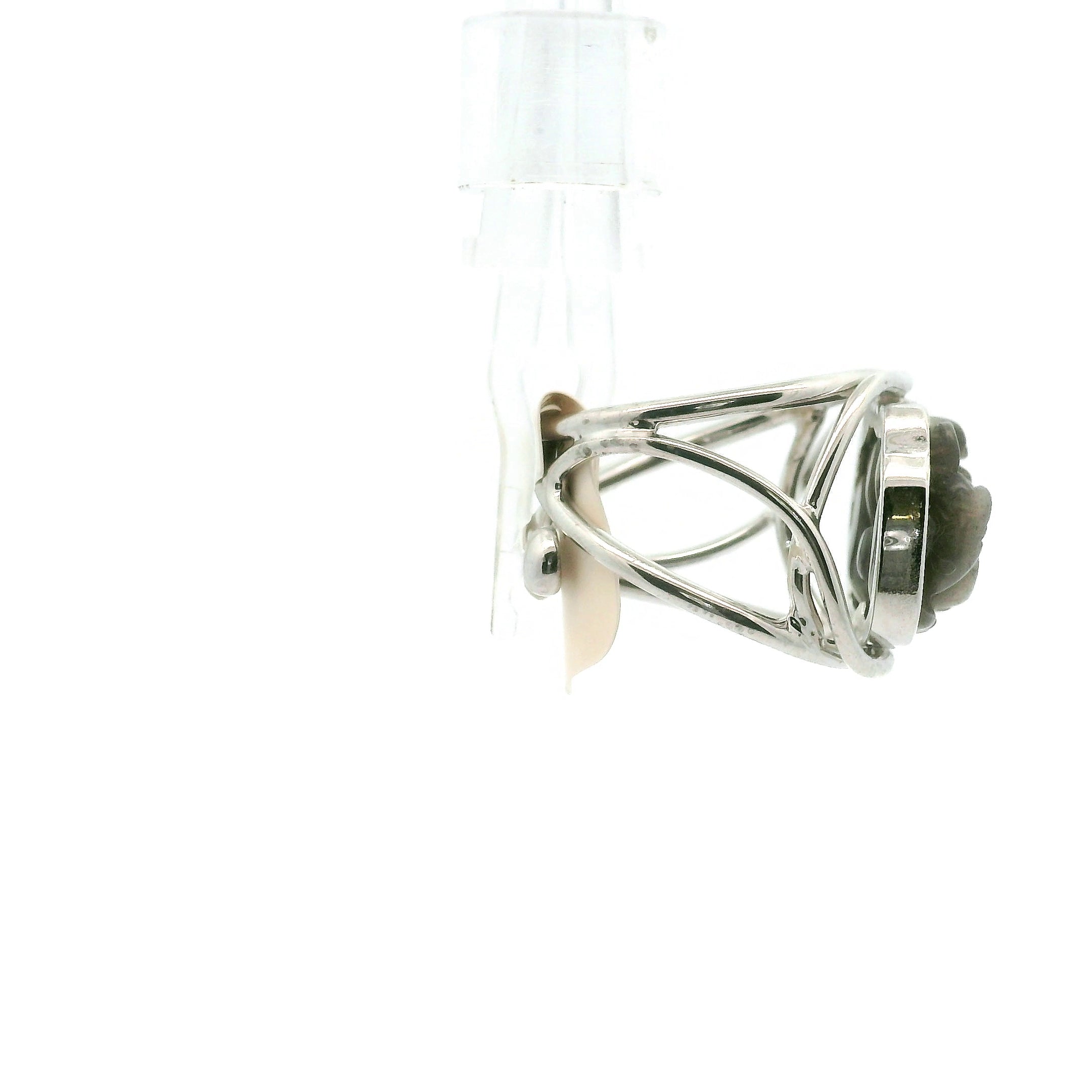 Black Moonstone with Sunstone Lotus Finger Cuff Adjustable Ring .925 Silver for New Beginnings and Protection