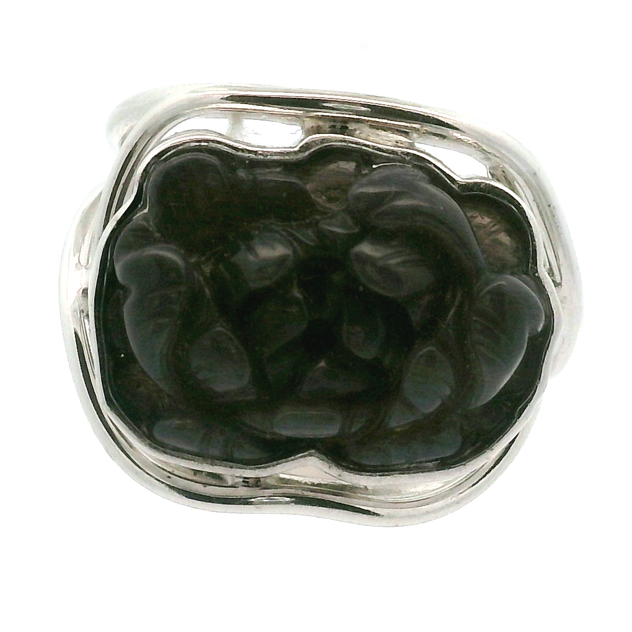 Black Moonstone with Sunstone Lotus Finger Cuff Adjustable Ring .925 Silver for New Beginnings and Protection