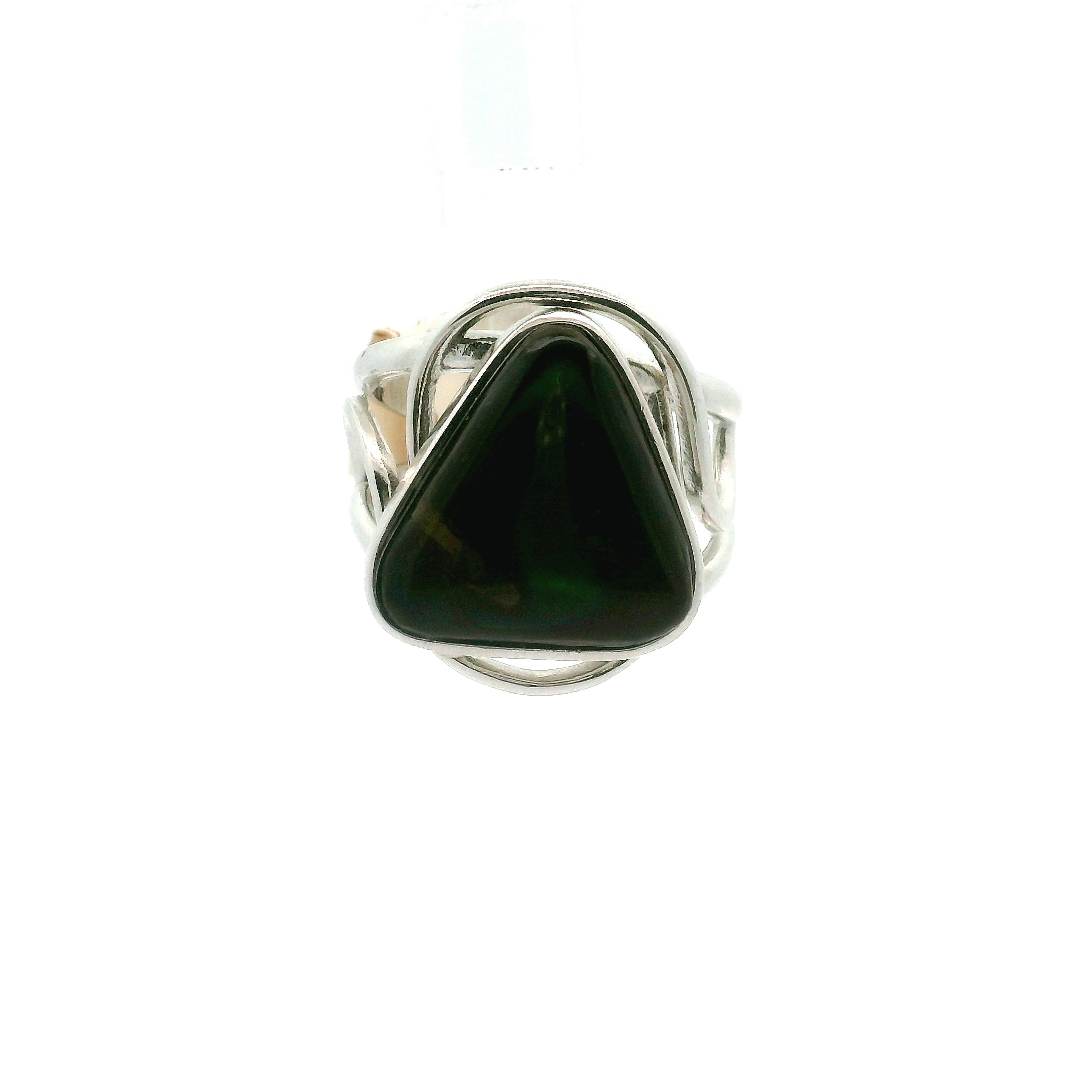 Ammolite Triangle Finger Cuff Adjustable Ring .925 Silver for Transformation and Boosting your Life Force Energy