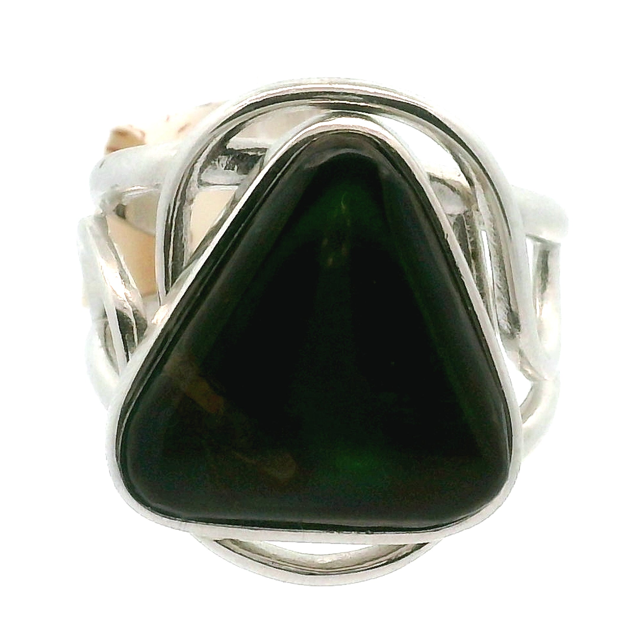 Ammolite Triangle Finger Cuff Adjustable Ring .925 Silver for Transformation and Boosting your Life Force Energy