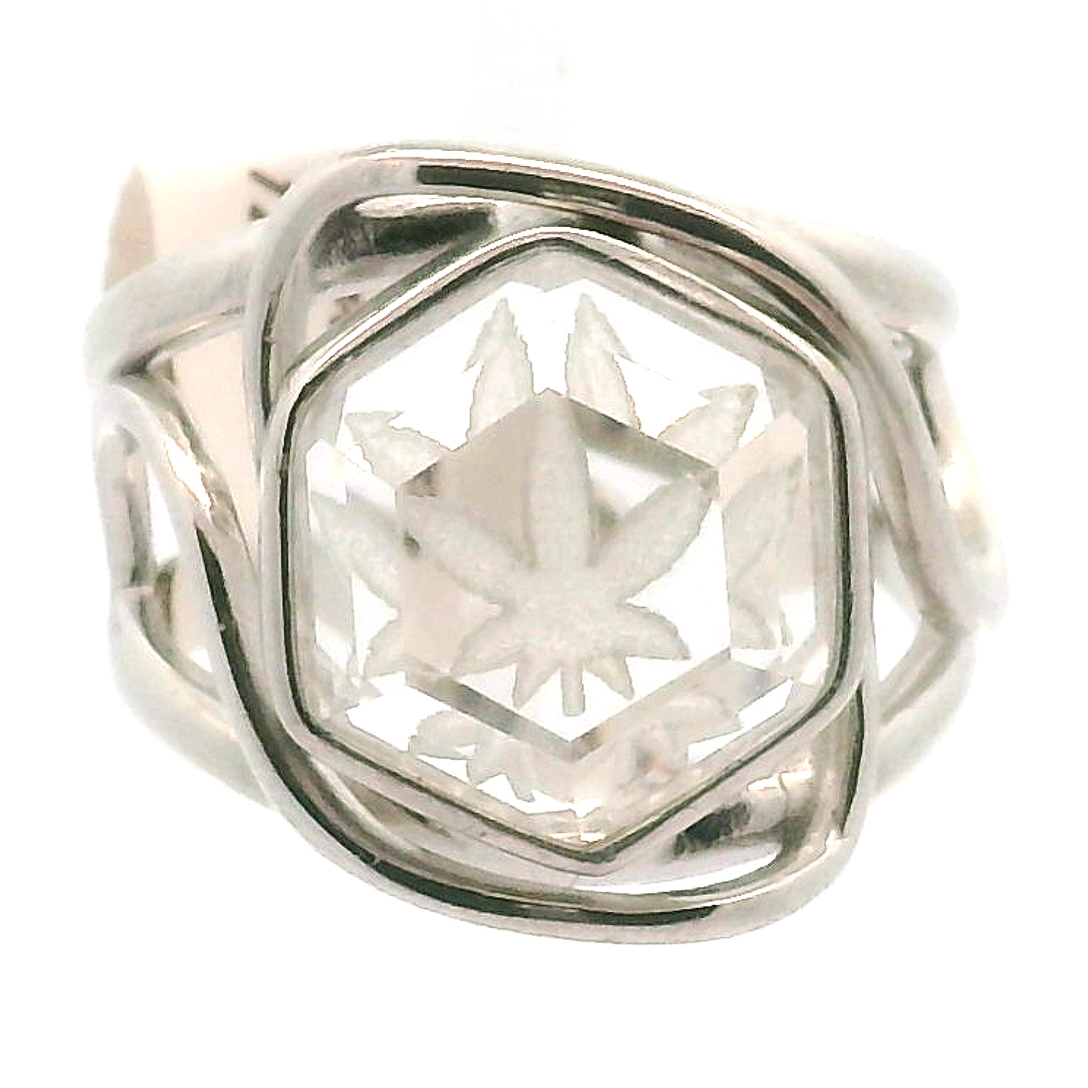 Clear Quartz Hexagon with Engraved Pot Leaf Cuff Ring .925 Silver for 420 Vibes