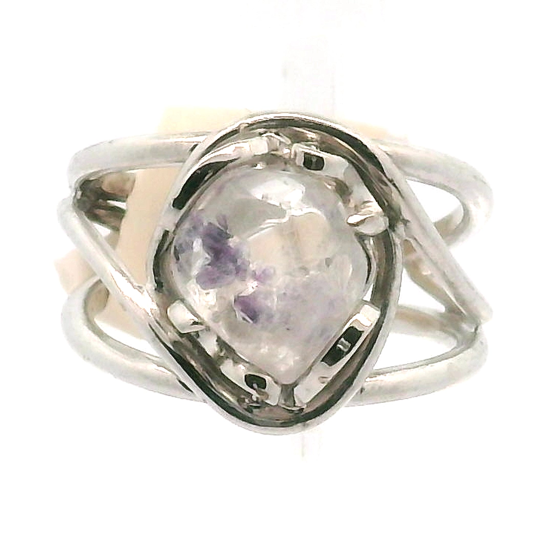 Fluorite in Quartz Cuff Ring 925 Silver for Wisdom and Energetic Support