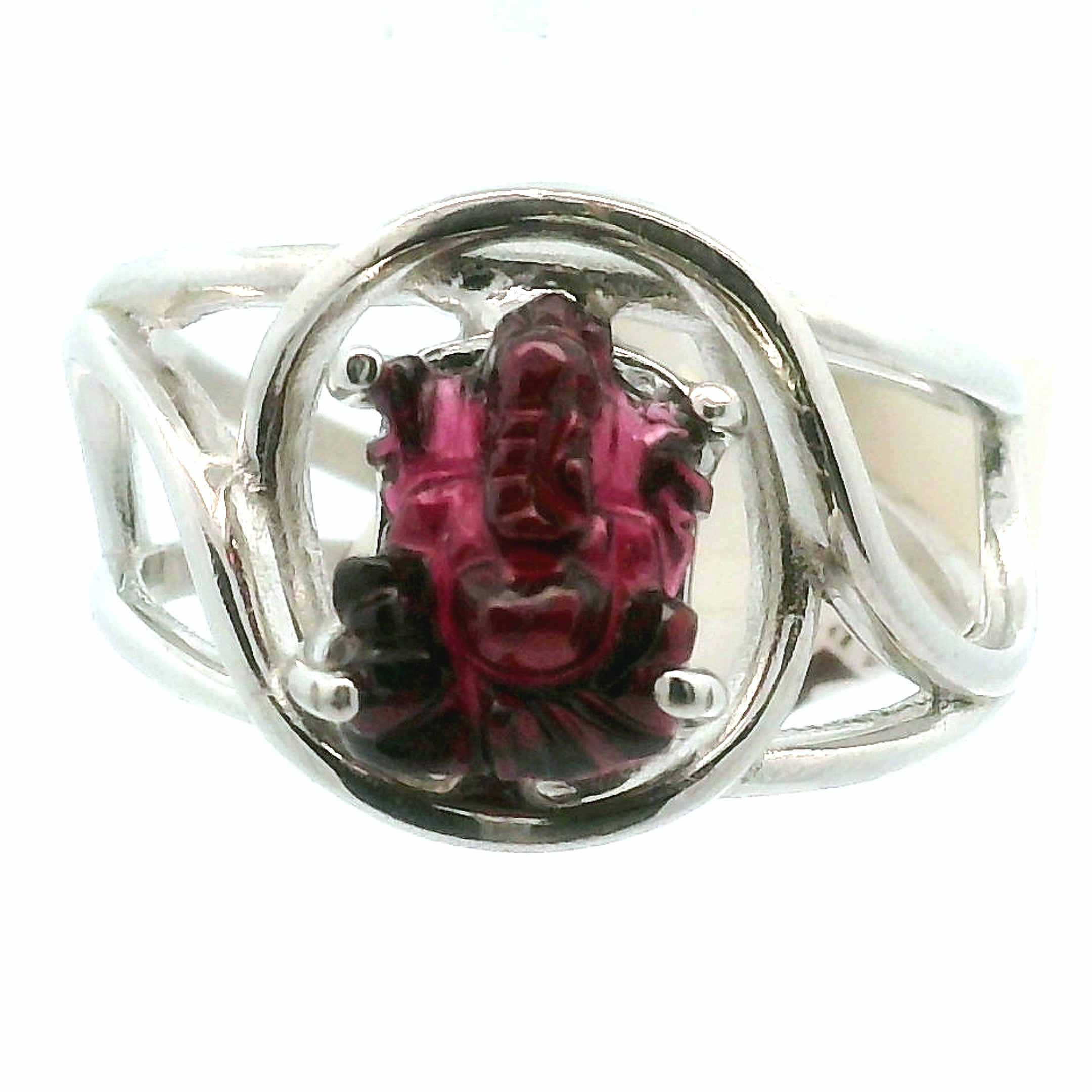 Garnet Ganesha Cuff Ring .925 Silver for Health and Strength