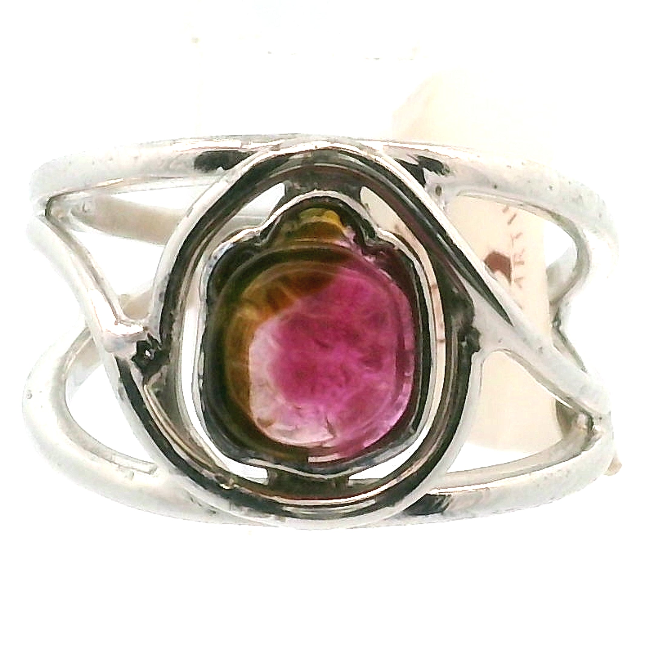 Watermelon Tourmaline Turtle Cuff Ring .925 Silver for Profound Heart Healing