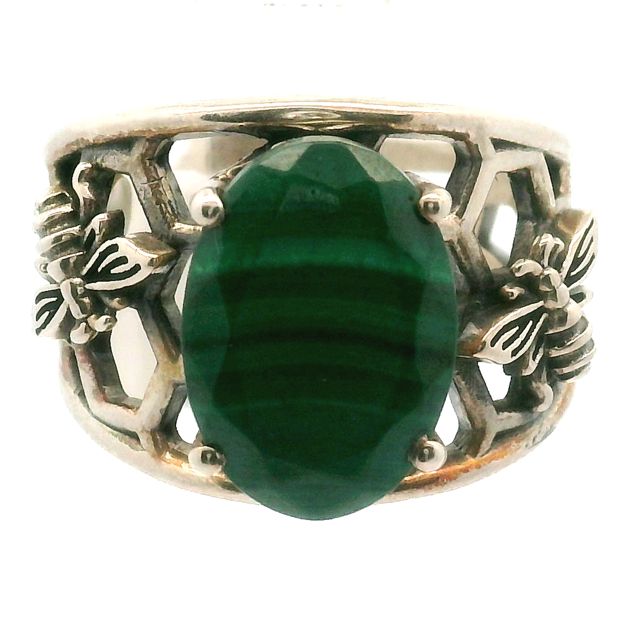 Malachite Bee Cuff Ring .925 Silver for Transformation, Strength and Protection