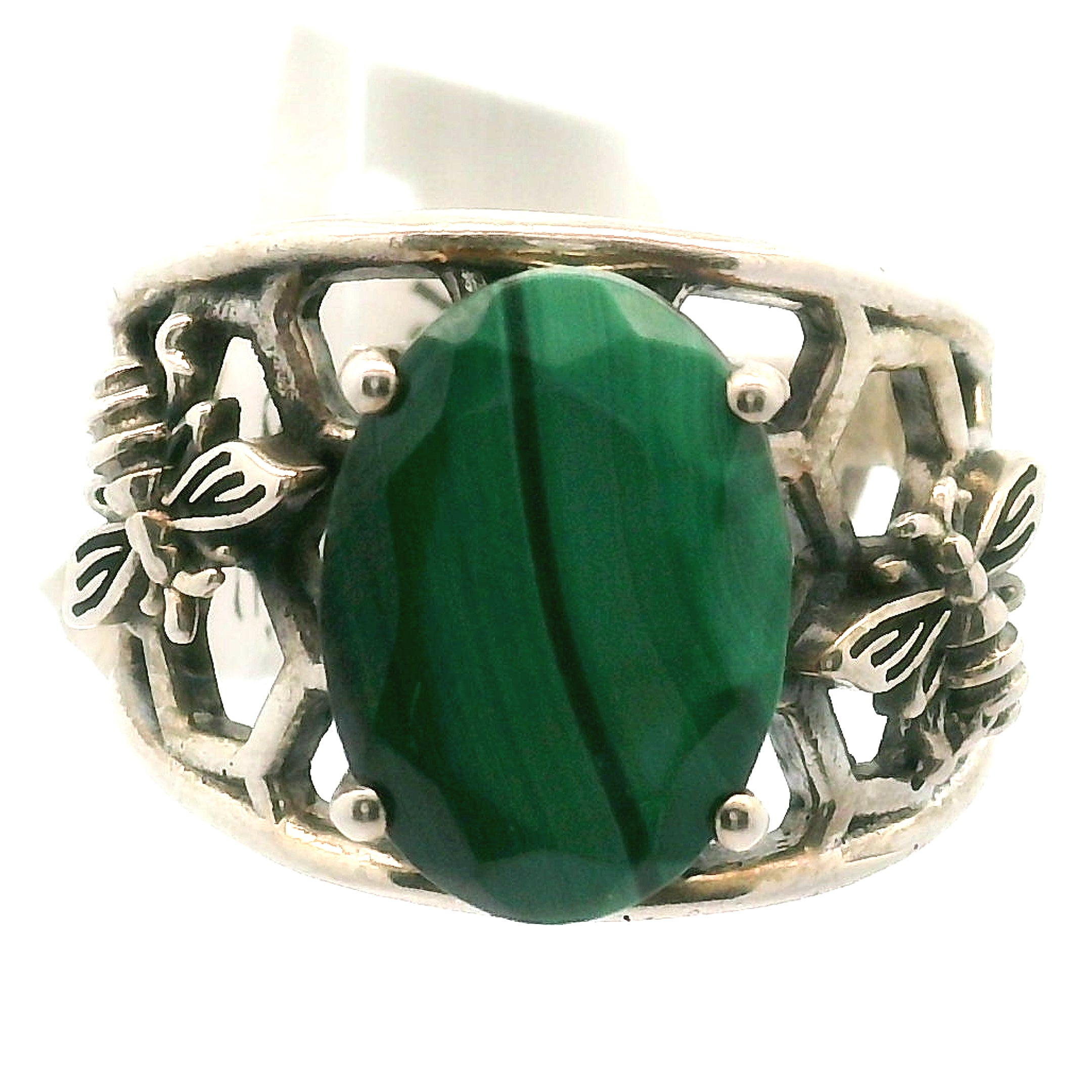 Malachite Bee Cuff Ring .925 Silver for Transformation, Strength and Protection