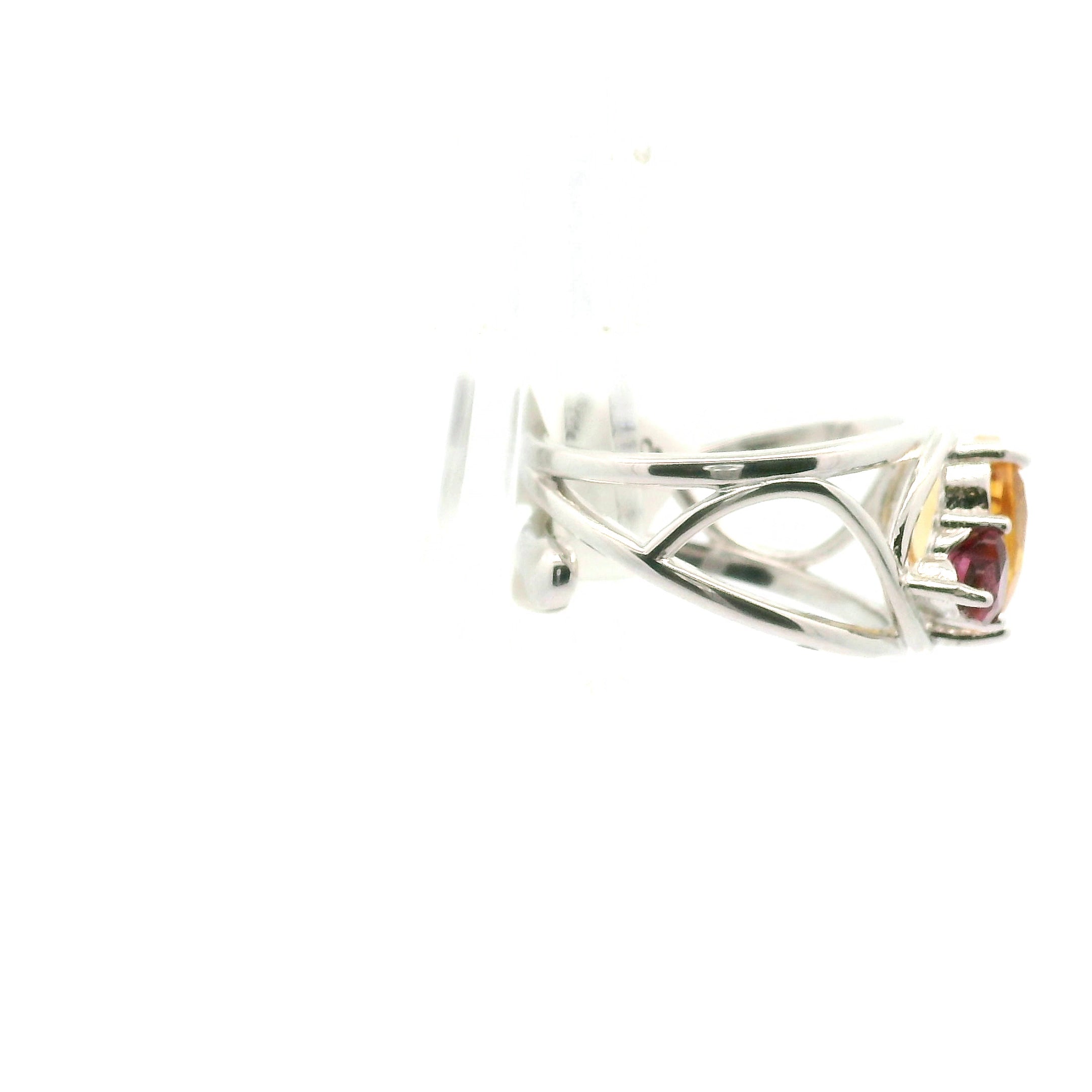 Citrine and Rhodolite Quartz Double Heart Cuff Ring .925 Silver for Abundance and Emotional Healing