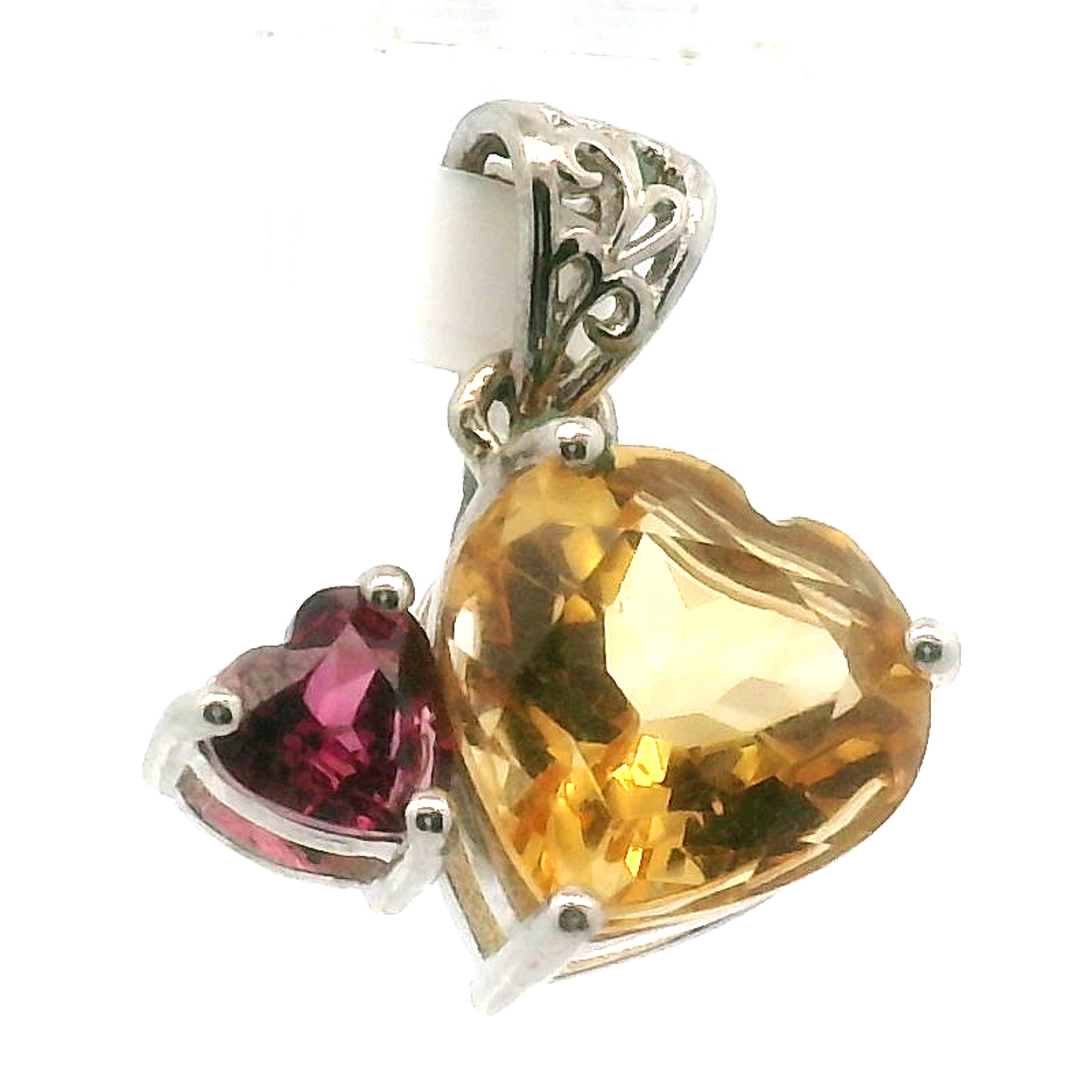 Citrine and Rhodolite Quartz Double Heart Pendant .925 Silver for Abundance and Emotional Healing