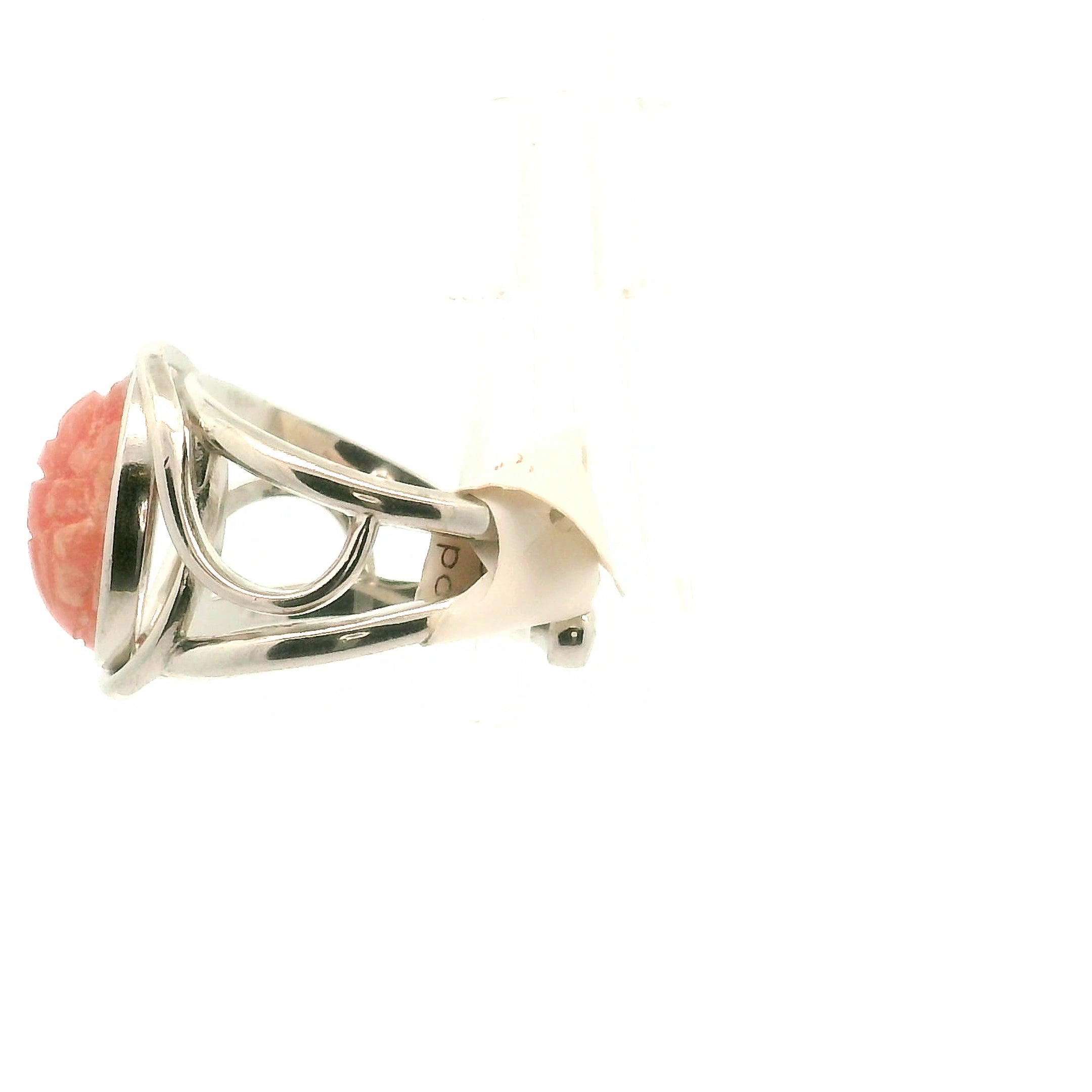 Rhodochrosite Scarab Cuff Ring .925 Silver for Emotional and Trauma Healing